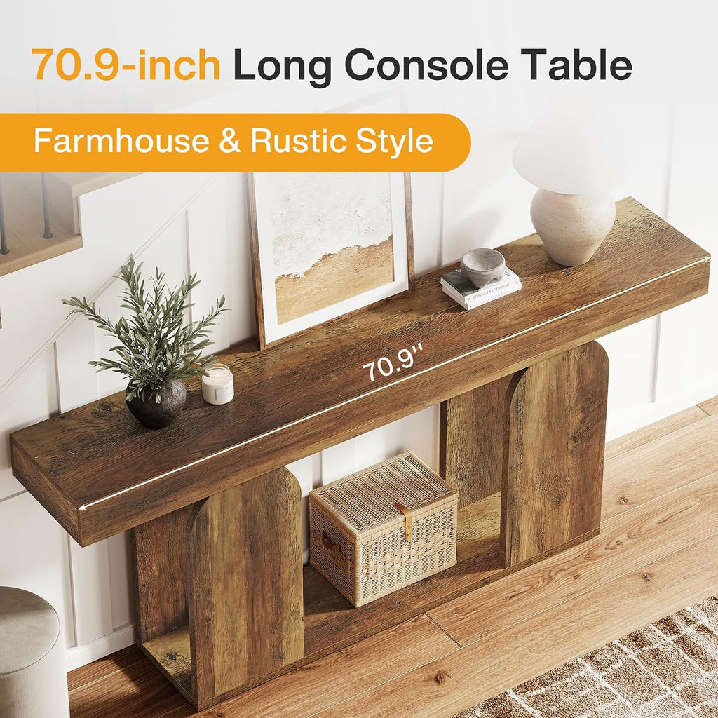Tribesigns Farmhouse Wood Console Table, 70.9-Inch Entryway Accent Table with U-Shaped Base, 2-Tier Extra Long Sofa Tables for Entrance, Hallway, Living Room (Vintage Brown)