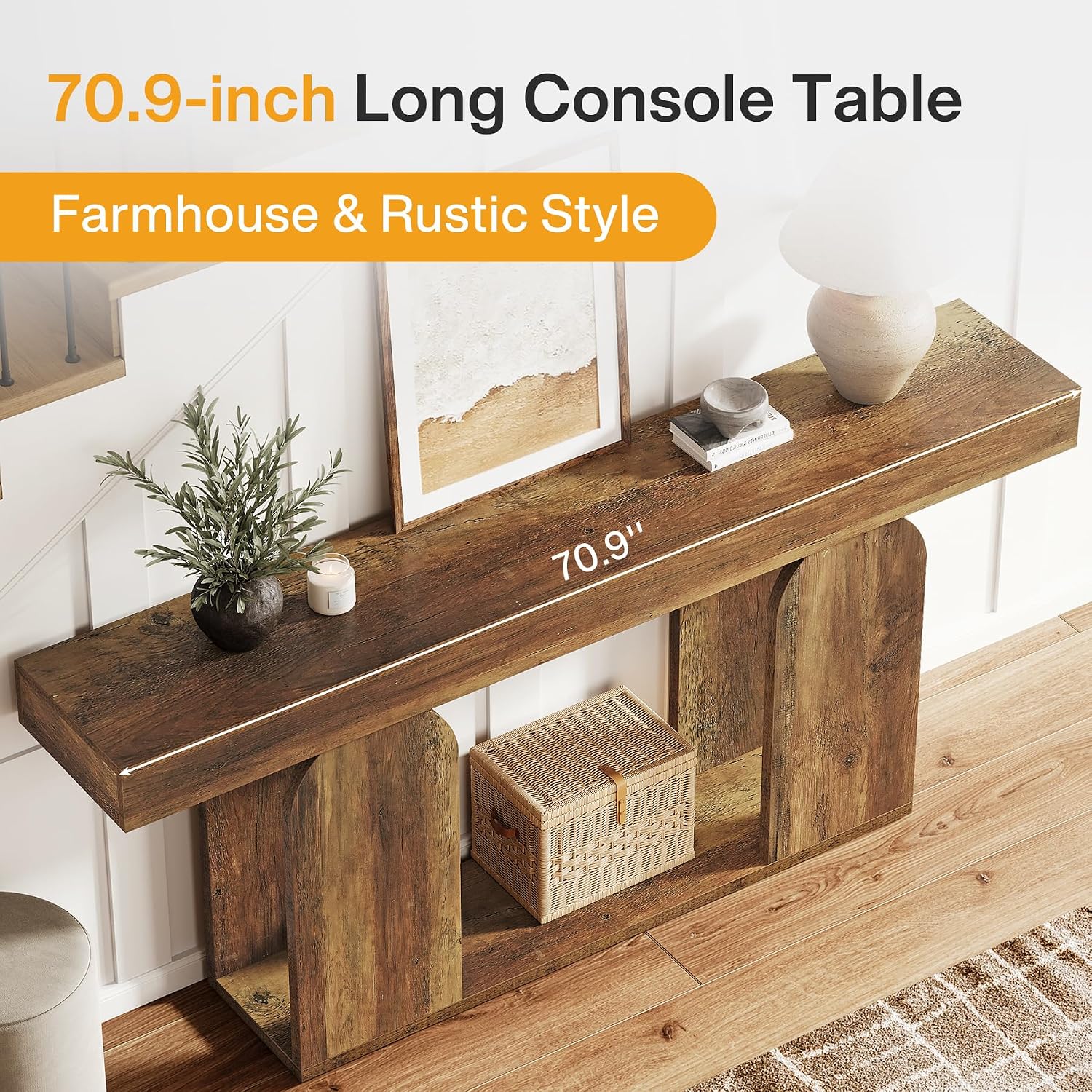 Tribesigns Farmhouse Wood Console Table, 70.9-Inch Entryway Accent Table with U-Shaped Base, 2-Tier Extra Long Sofa Tables for Entrance, Hallway, Living Room (Vintage Brown)