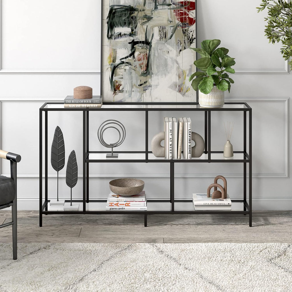 Henn&Hart 52' Wide Rectangular Console Table with Glass Shelves in Blackened Bronze, for Home Office, Living Room