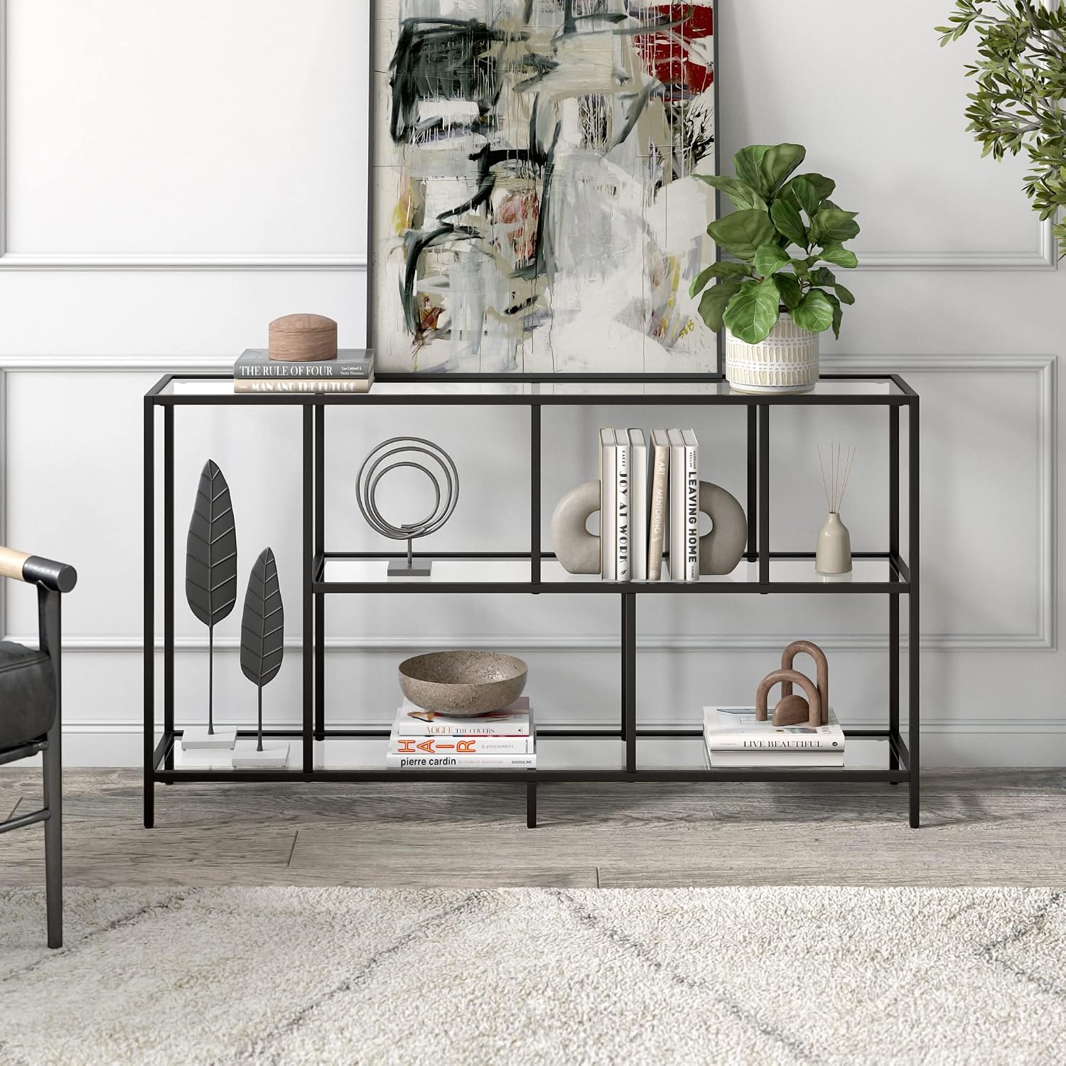 Henn&Hart 52' Wide Rectangular Console Table with Glass Shelves in Blackened Bronze, for Home Office, Living Room