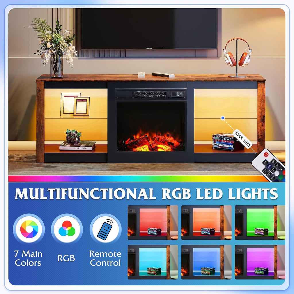 WLIVE 58 Inches Fireplace TV Stand with LED Lights, Modern Entertainment Center with 18'' Electric Fireplace & Adjustable Glass Shelves, Sturdy Media Console for Living Room, Bedroom (Brown)