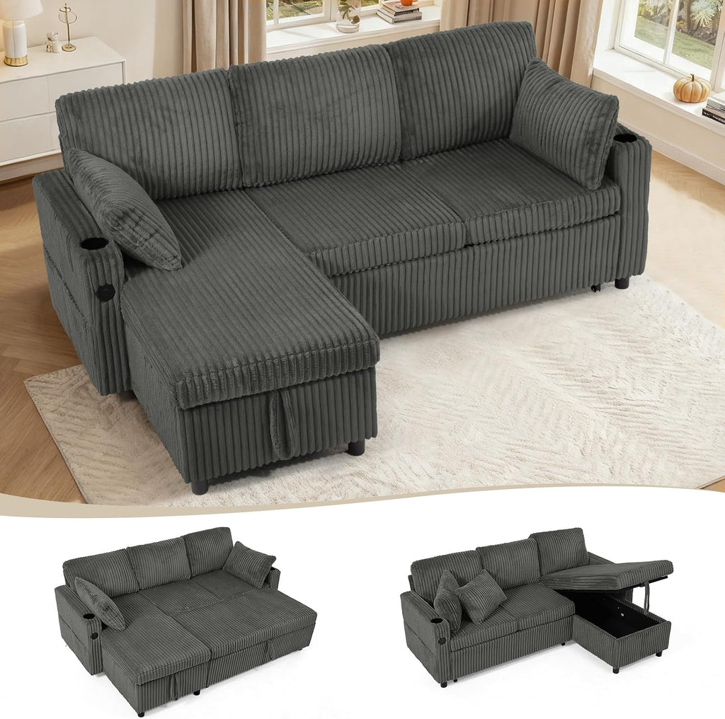 84' Corduroy Pull Out Sofa Bed w/Adjustable Backrests, Sectional L-Shape Sleeper Sofa w/Storage Chaise, Convertible Couch Bed w/USB Charging Port & Cup Holders for Living Room, House, Grey