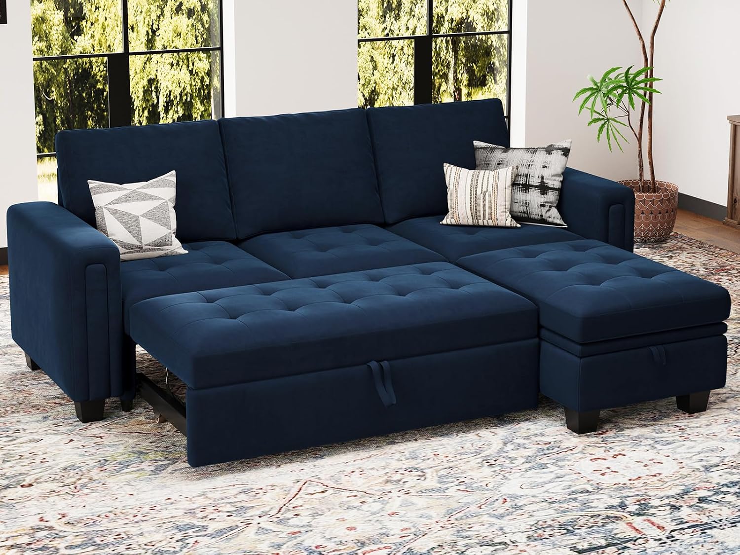 Belffin Sectional Sleeper Sofa with Pull Out Couch Bed Modular Sectional Sofa with Storage Velvet L Shaped Couch Sleeper Bed Blue