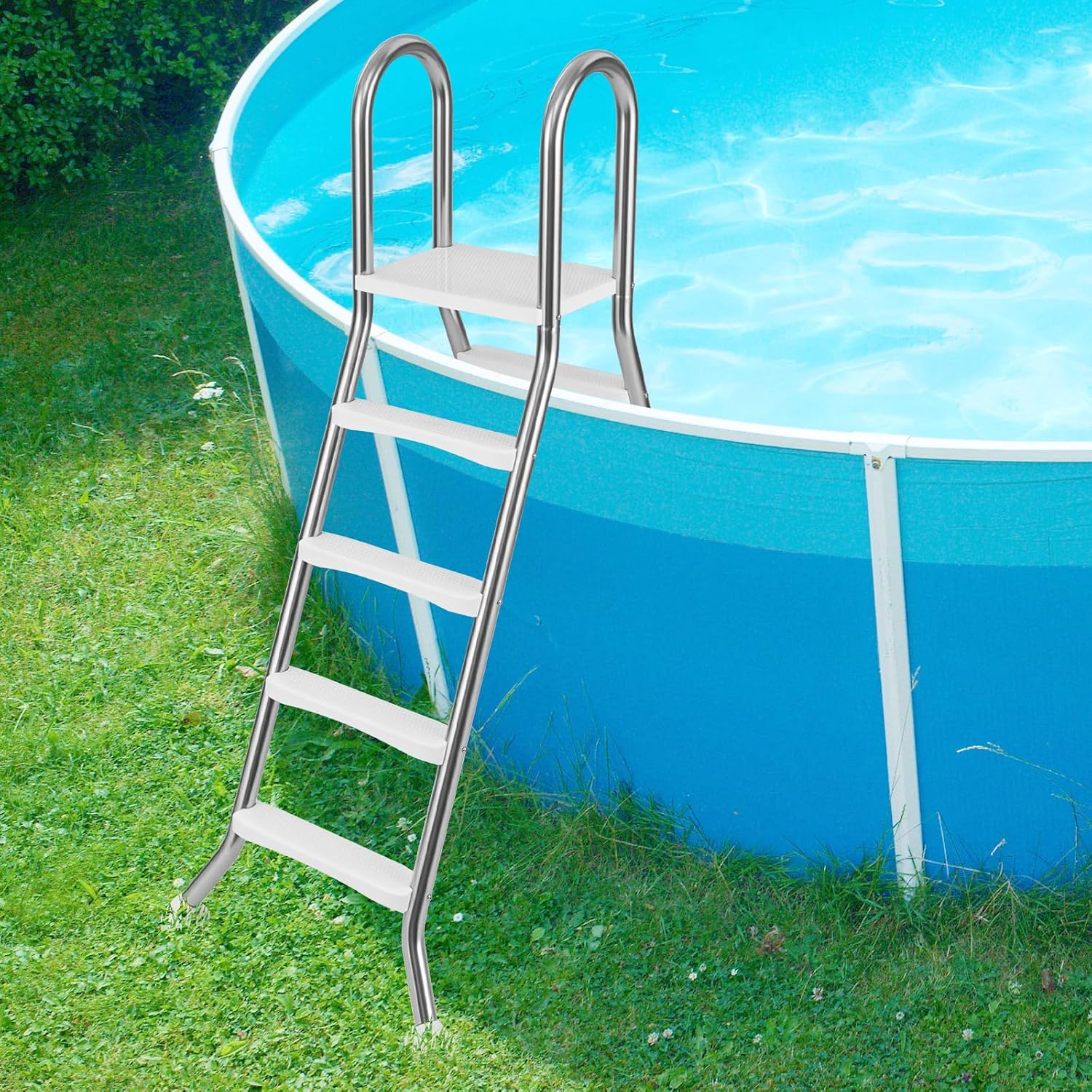 Goplus 4-Step Steel Frame Above Ground Swimming Pool Ladder for 55' Pool Wall Heights, Double-Sided Entry & Exit Ladder w/Non-Slip Steps, Top Platform, Rotating Foot Pads