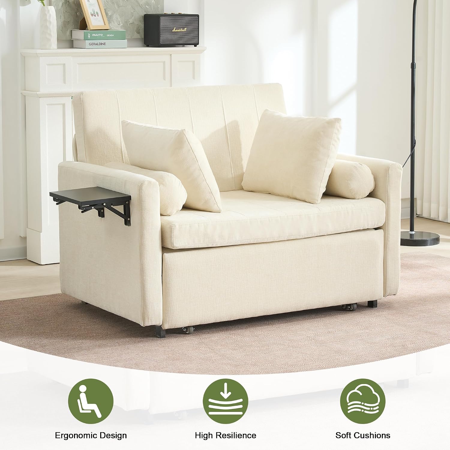 45' Oversize 3-in-1 Sleeper Chair, 75' Long Pull-Out Sleeper Sofa Bed with Wing Table and Side Pocket for Living Room, Bedroom, Small Space, Beige