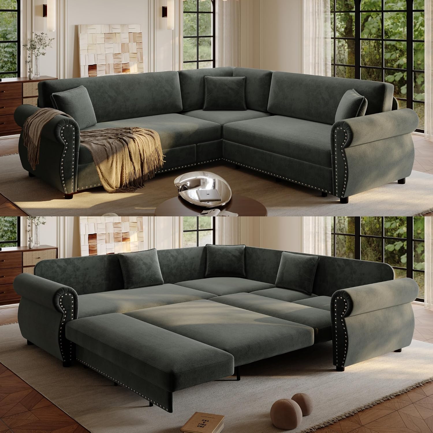 88.2'' Pull Out Couch Bed King, L Shaped Convertible Sleeper Sofa, 4-Seater Couches with Rivet Armrests, 3 Pillows, Chenille Upholstery, Futon Sofa Bed for Living Room, Apartment, Dark Grey