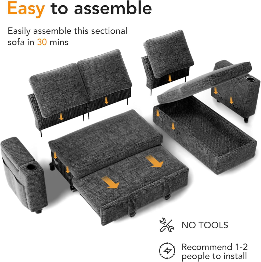Sunny Heart L-Shaped Sleeper Sofa with Pull Out Bed, 82' Sectional Couch with Reclining Backrest, Reversible Storage Chaise, Armrest Storage, Cup Holders, and Side Pockets, Tool-Free Assembly, Grey