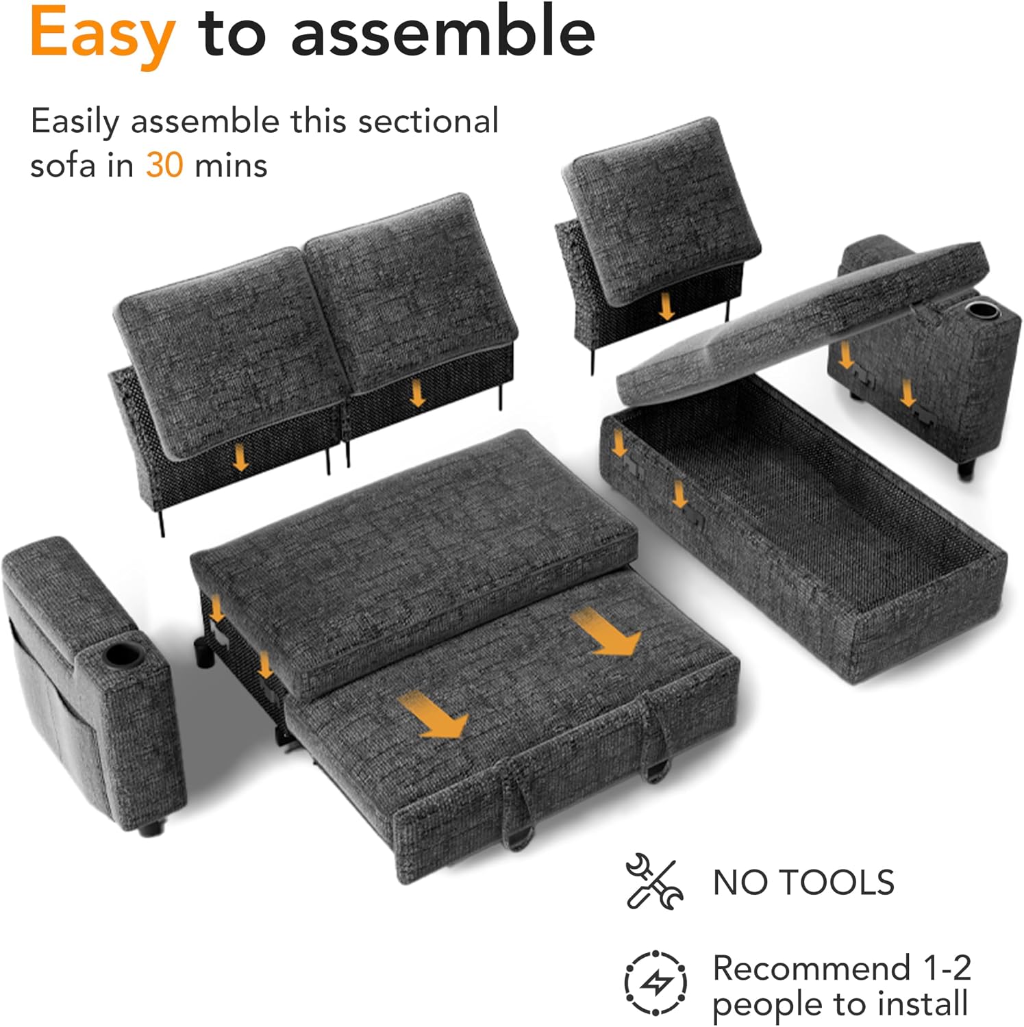 Sunny Heart L-Shaped Sleeper Sofa with Pull Out Bed, 82' Sectional Couch with Reclining Backrest, Reversible Storage Chaise, Armrest Storage, Cup Holders, and Side Pockets, Tool-Free Assembly, Grey