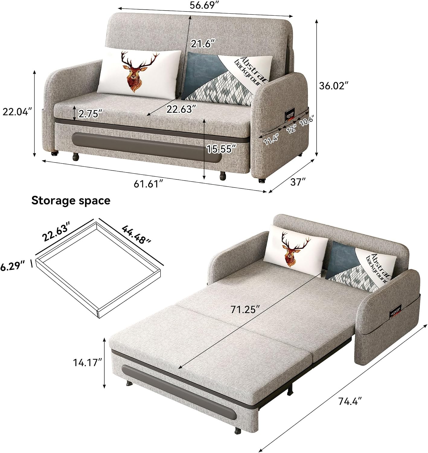 Pull-Out Sofa Bed - Versatile Futon Sleeper Couch for Living Room and Small Spaces(34.25'' D x 59.84'' W x 37.4'' H)- Gray/White RV Lounge (61.61' Gray)