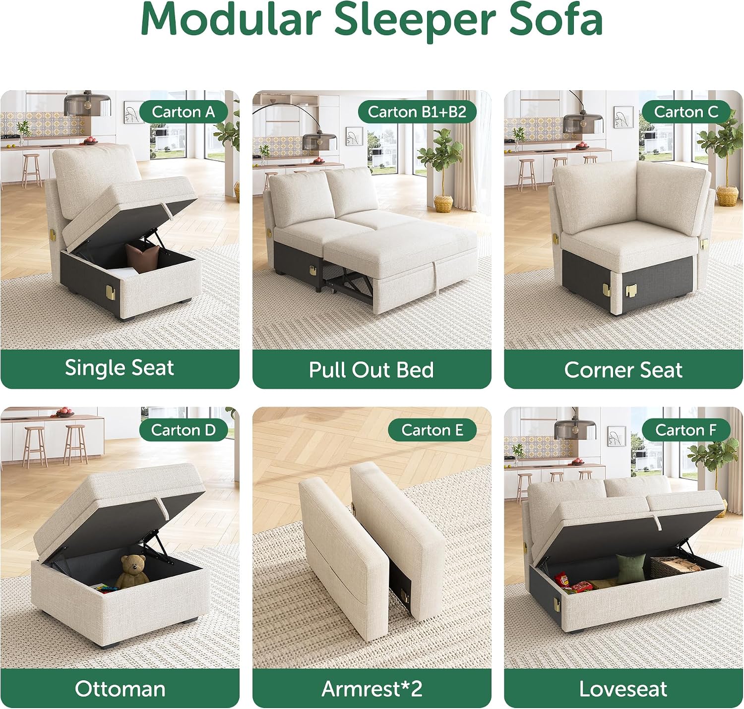 HONBAY Modular Armrest for Sectional Sleeper Sofa, Pair of Armrests for Sectional Modular Couch Bed, Beige