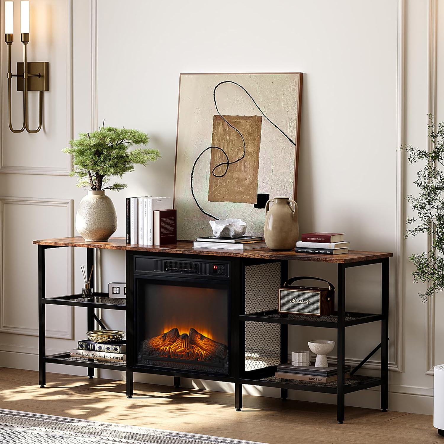 Bonnlo 58' Fireplace TV Stand, Rustic Brown Industrial Entertainment Center with Electric Fireplace, Open Metal Mesh Shelves, TV Stand for 65–70 Inch TVs