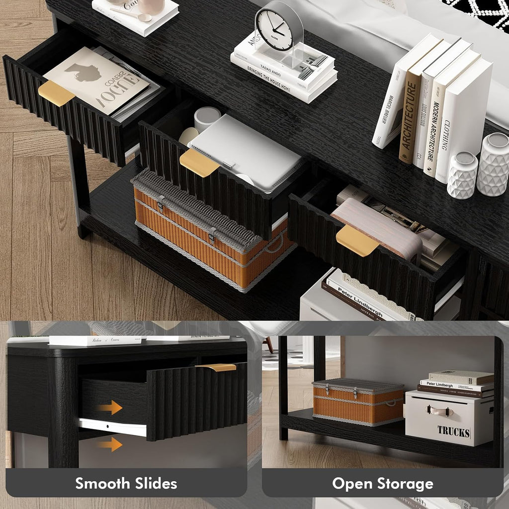 HOKYHOKY Fluted Console Table with Drawers, Modern 47.1' Entryway Table with Storage Shelf, Boho Narrow Skinny Behind Couch Wood Sofa Table for Living Room Hallway Entrance Foyer, Black