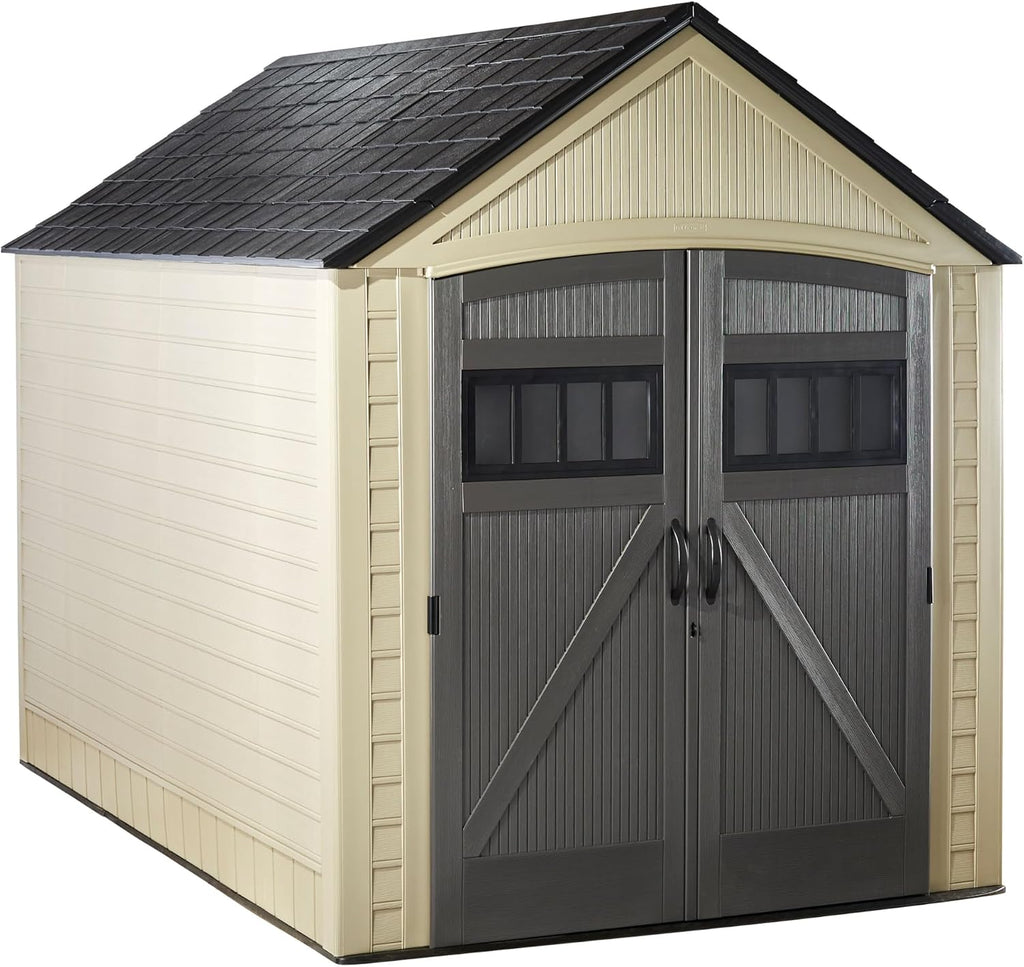 Rubbermaid Resin Outdoor Storage Shed With Floor (7 x 10.5 Ft) Weather Resistant, Brown Gable, Organization for Home/Backyard/Garden Tools/Lawn Mower/Bike Storage/Pool Supplies
