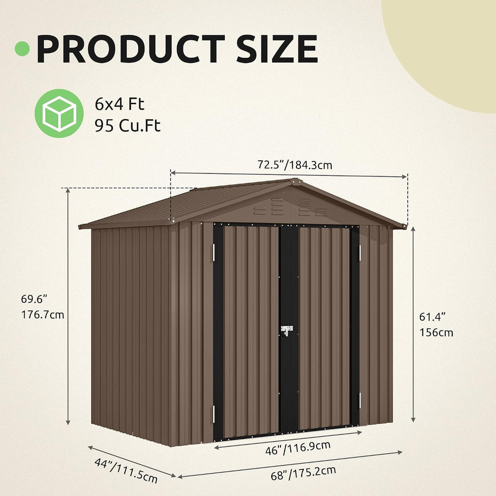 GOOBED 6x4FT Garden Storage Shed with Lockable Door and Vents, Metal Outdoor Tool Shed for Patio Lawn, and Backyard, Ideal for Storing Bikes, Trash Bins, Tools and Equipment, Brown