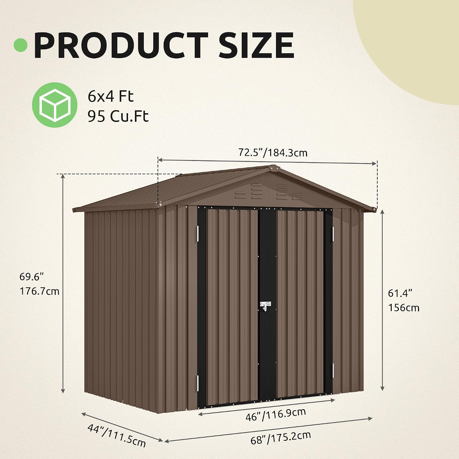 GOOBED 6x4FT Garden Storage Shed with Lockable Door and Vents, Metal Outdoor Tool Shed for Patio Lawn, and Backyard, Ideal for Storing Bikes, Trash Bins, Tools and Equipment, Brown