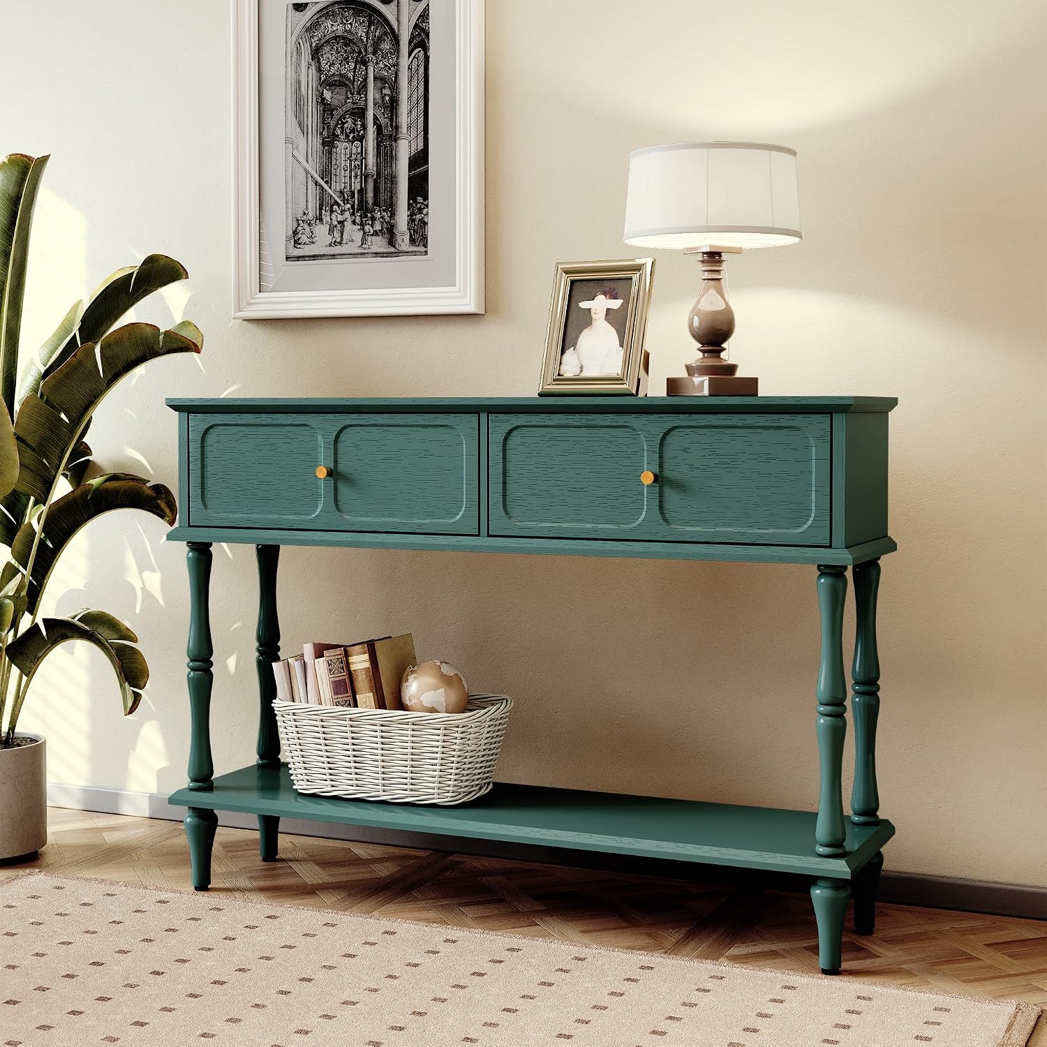 ARTPOWER Mid-Century Console Table for Entryway with 2 Drawers, Green Entryway Table with Storage Cabinets and Open Shelf, Narrow Long Couch Table Behind Sofa for Living Room, Foyer, Hallway