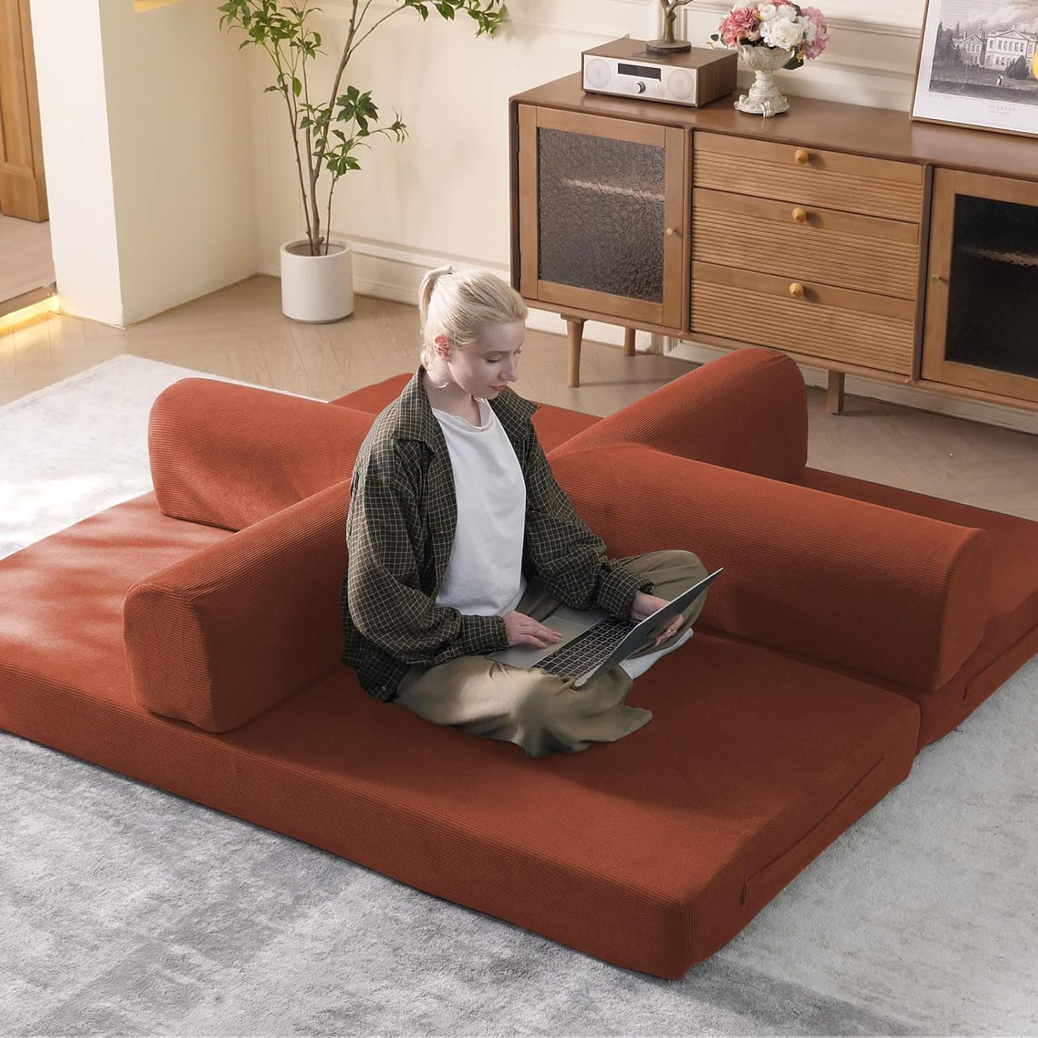 WHGBJA 79' Convertible Sleeper Sofa Bed with Cylindrical Pillow, Corduroy Folding Mattress Couch with Fixed-Shape Frame, Floor Sofa Lounge Couch for Living Room Bedroom Lounge Studio