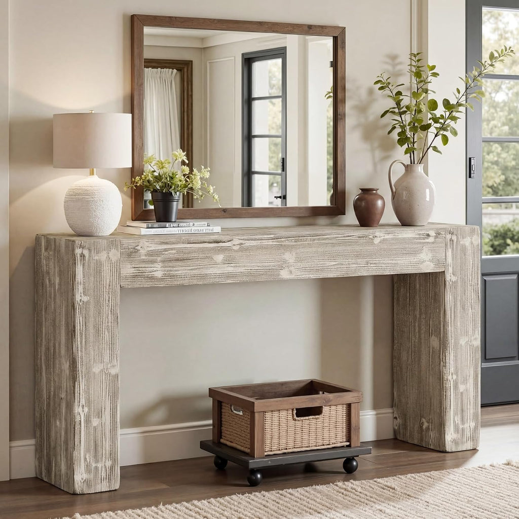 Tribesigns 63-Inch Solid Wood Console Sofa Table, Farmhouse Long Entryway Table Behind Couch for Living Room, Entrance, Hallway, Foyer, Easy Assembly (Gray)