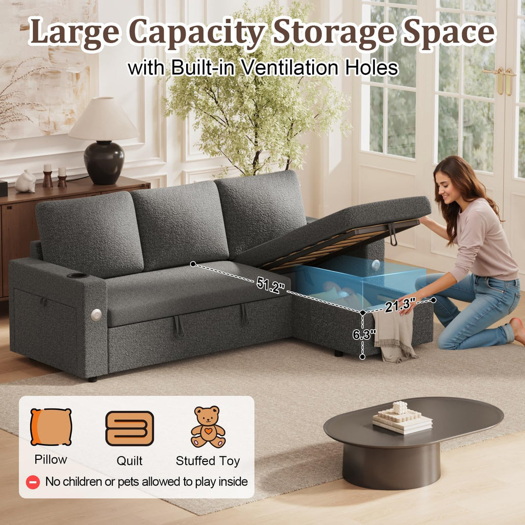 Sleeper Sofa Bed, 4-in-1 Pull Out Couch with Reversible Chaise | Dual USB & Type-C Charging | Dual Cup Holders | Layered Storage (Armrest + Chaise) for Living Room, Apartment, Home Office (Dark Gray)