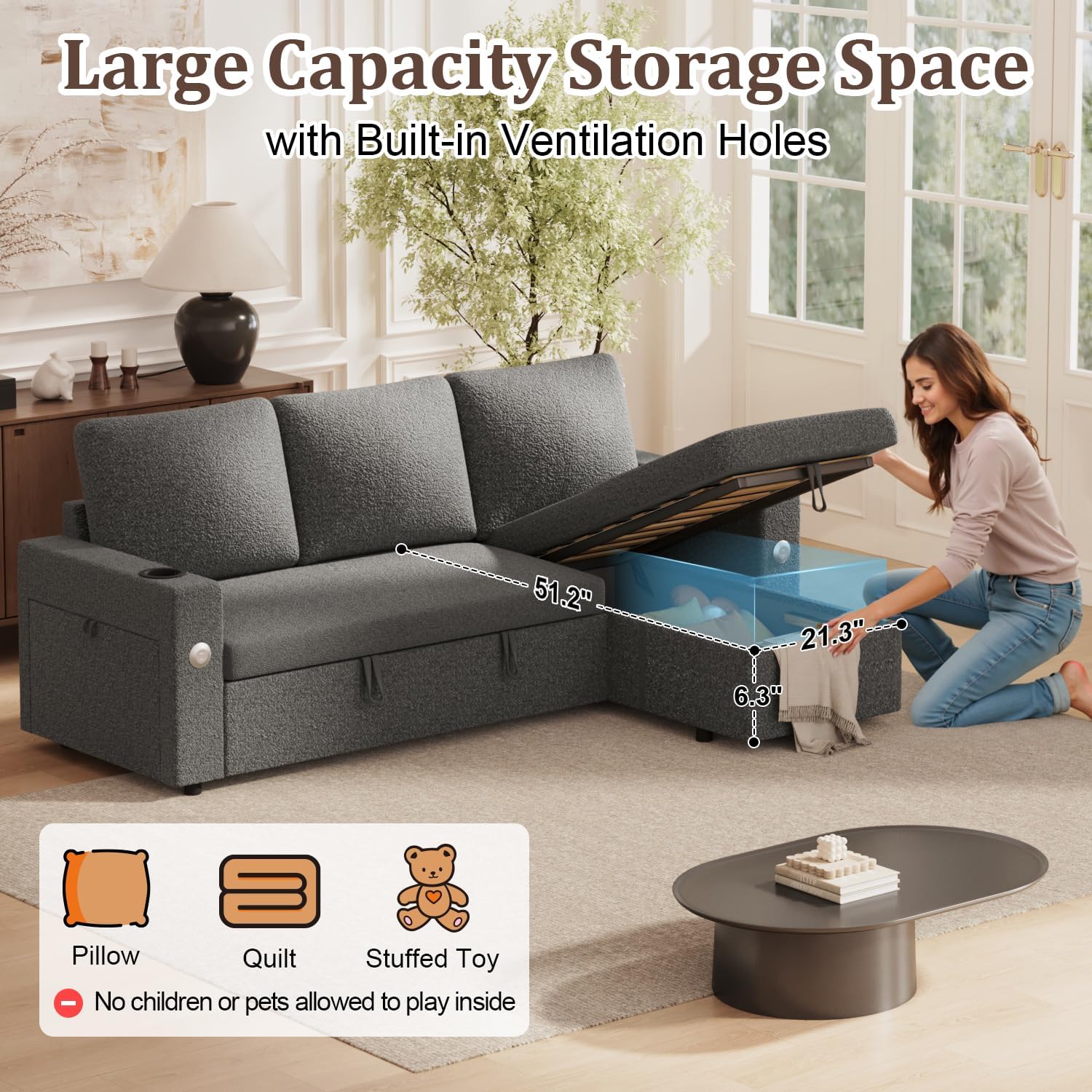 Sleeper Sofa Bed, 4-in-1 Pull Out Couch with Reversible Chaise | Dual USB & Type-C Charging | Dual Cup Holders | Layered Storage (Armrest + Chaise) for Living Room, Apartment, Home Office (Dark Gray)