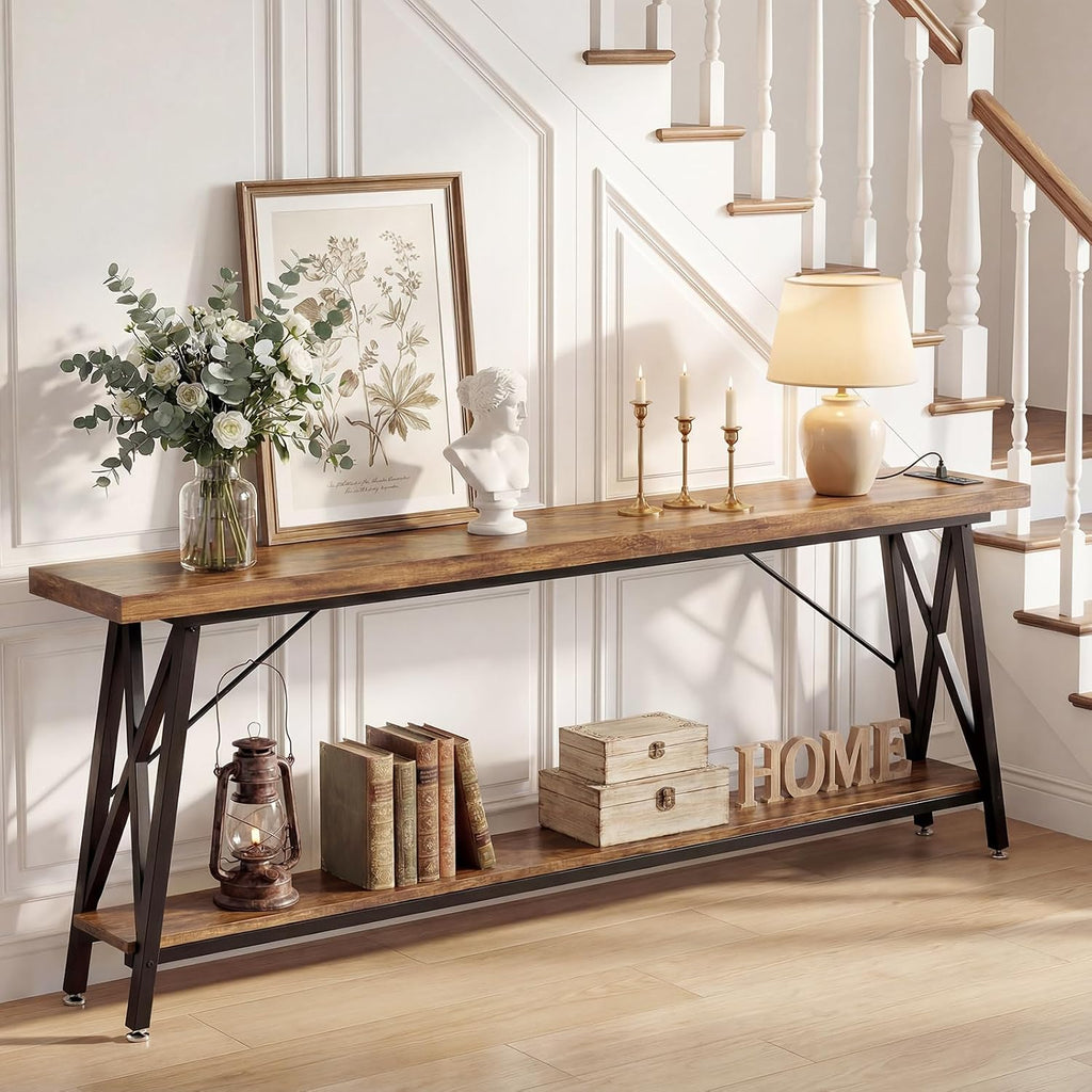Homieasy 70.9 Inch Extra Long Console Table, Industrial Sofa Table Behind Couch with Charging Station & Storage Shelf, Entryway Table for Living Room & Entryway, Rustic Brown