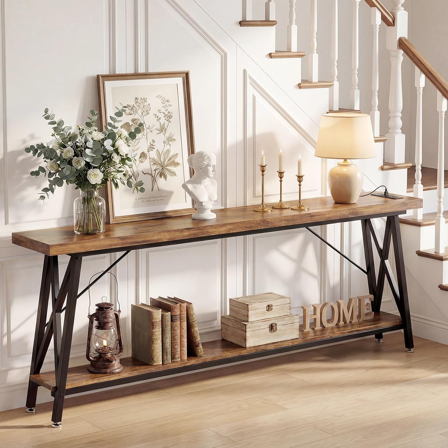 Homieasy 70.9 Inch Extra Long Console Table, Industrial Sofa Table Behind Couch with Charging Station & Storage Shelf, Entryway Table for Living Room & Entryway, Rustic Brown