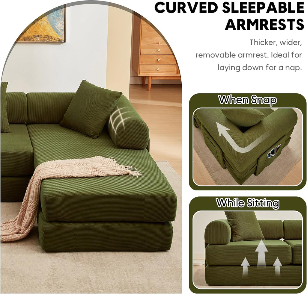 L Shaped Modular Sofa Bed with Cylindrical Pillow & Reversible Chaise, Corduroy Folding Floor Convertible Sofa Couch Bed with Fixed-Shape Frame & Storage Pocket for Living Room, Green