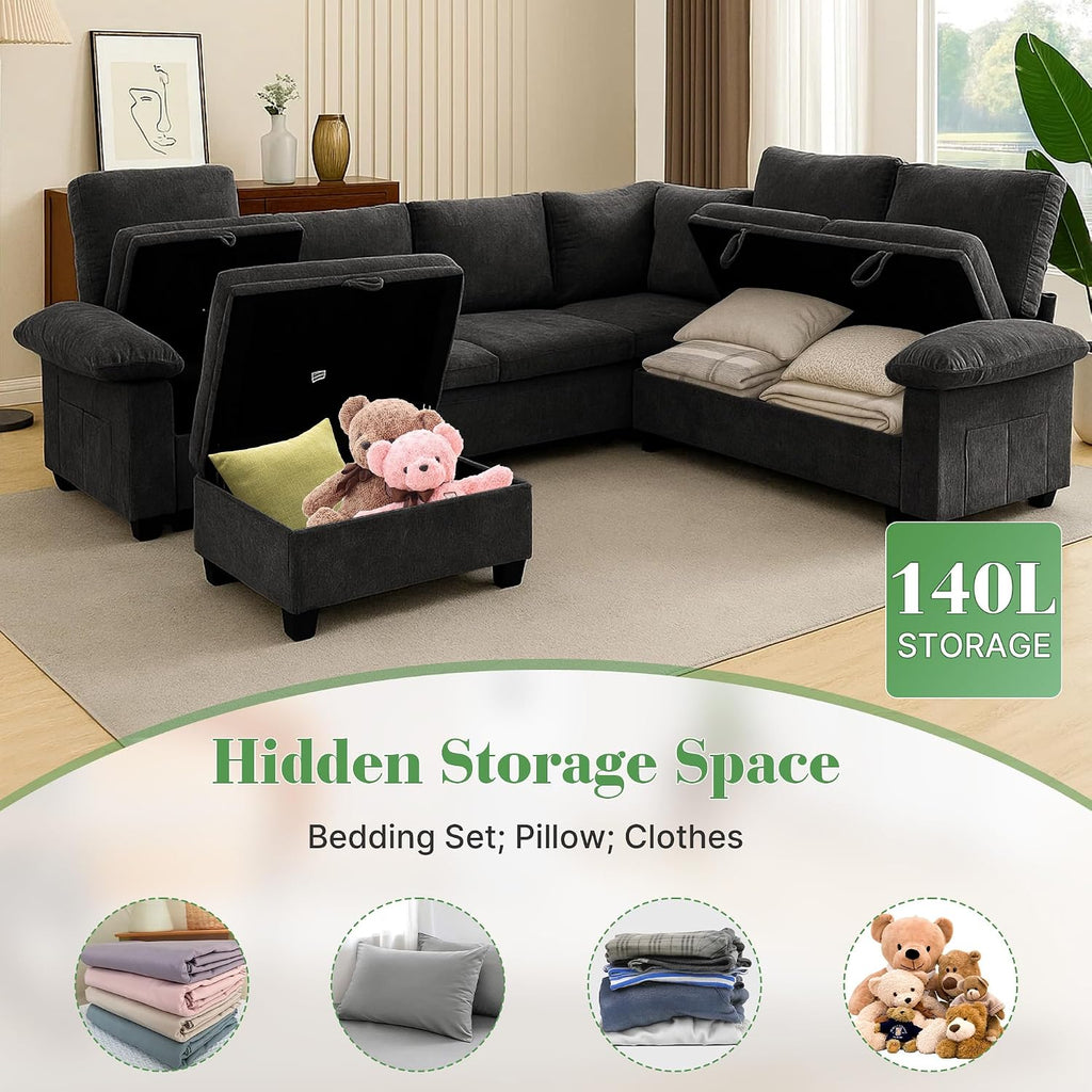 Modular Sectional Sofa Sectional Couches for Living Room with Pull Out Bed Sleeper Sofa L Shaped with Storage, Convertible Sofa Bed with Removable Sofa Cover(7 Seats Black)