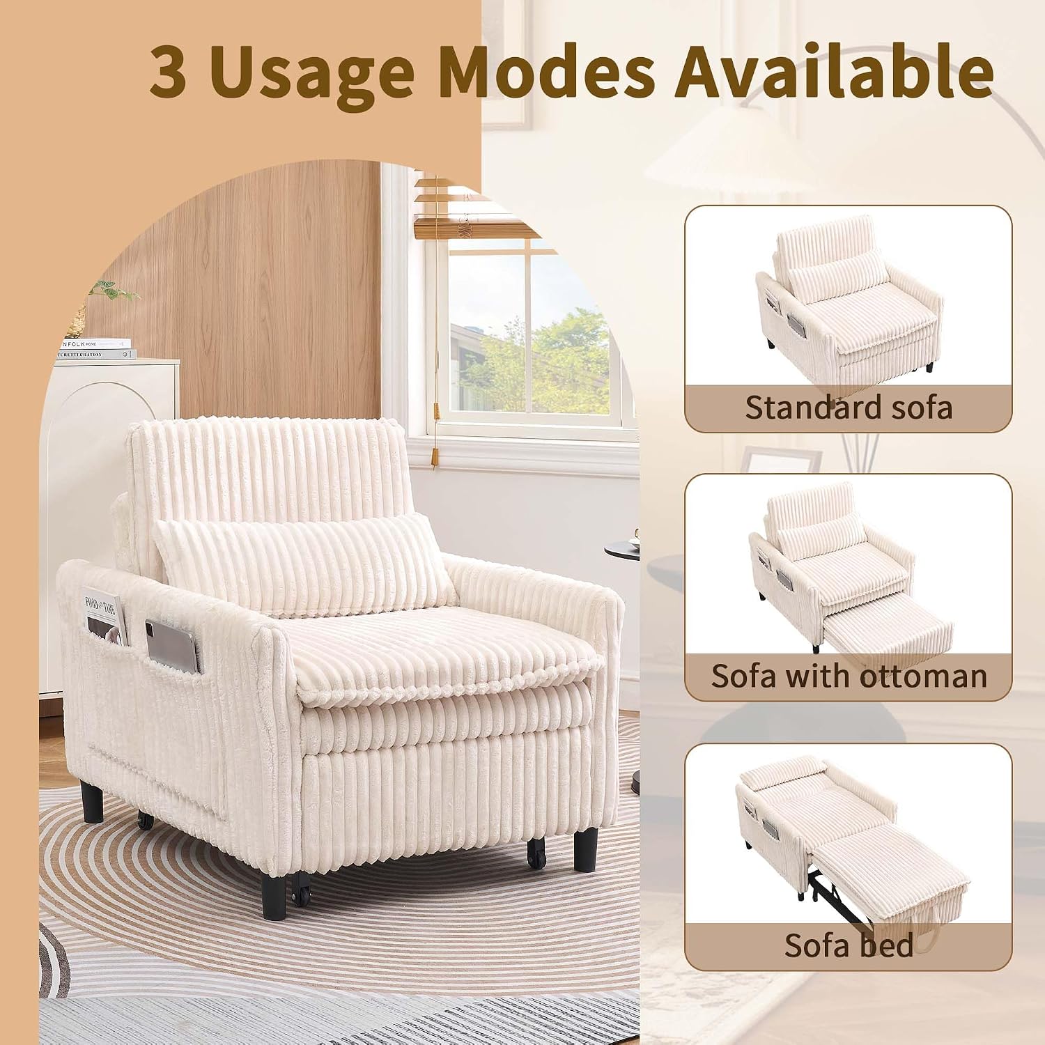 Majnesvon Modern Corduroy Fabric Sofa Bed Futon,3 in 1 Convertible Pullout Sleeper Couches with 3 Reclining Backrests,Small Sofa Chair Bed for Living Room Bedroom (White)