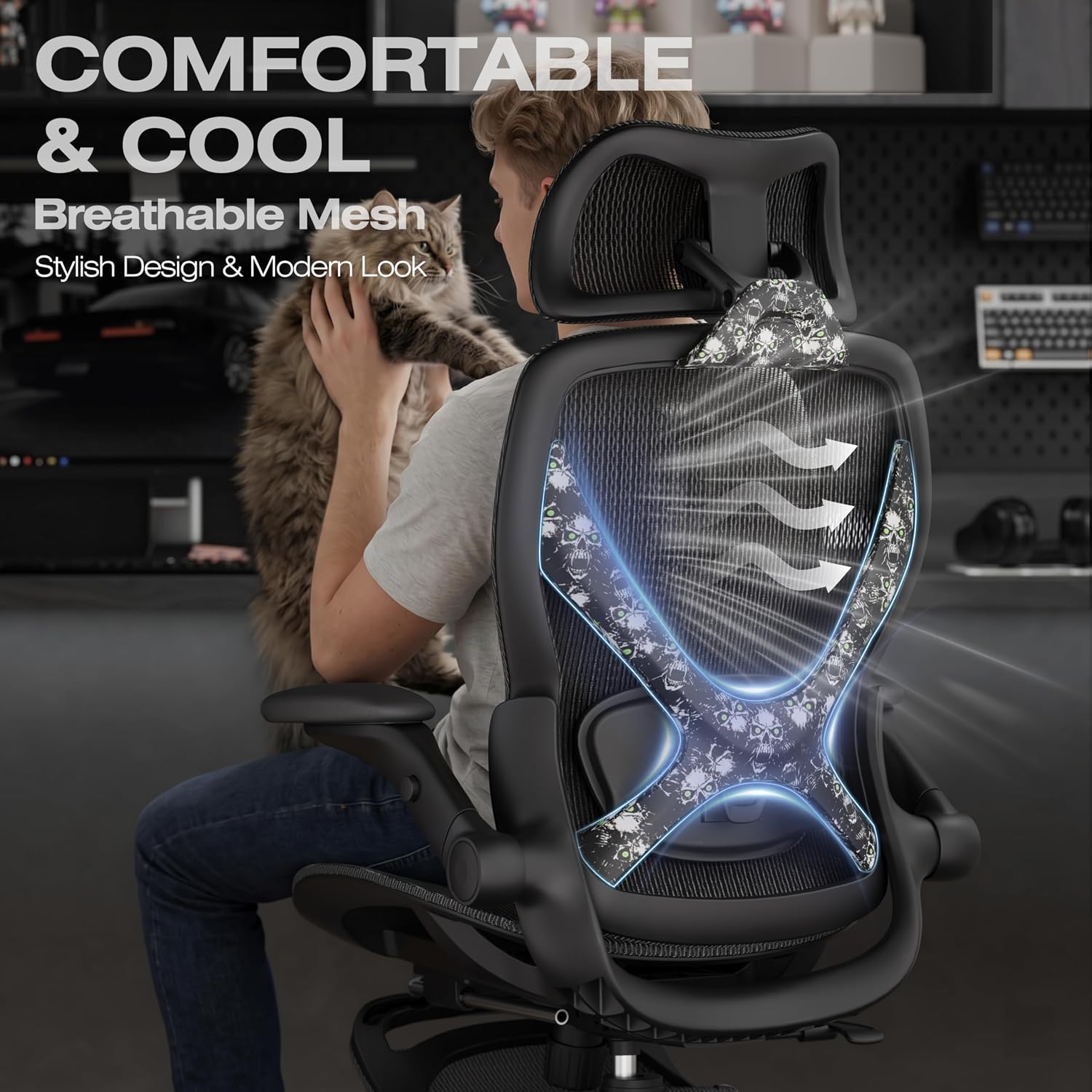 ELABEST X100 Ergonomic Mesh Office Chair with Footrest, Big and Tall Hone Desk Chair with 5D Flip-Up Arms, Adjustable 3D Lumbar Support,Gaming & Executive Computer Chairs (Night Reaper)