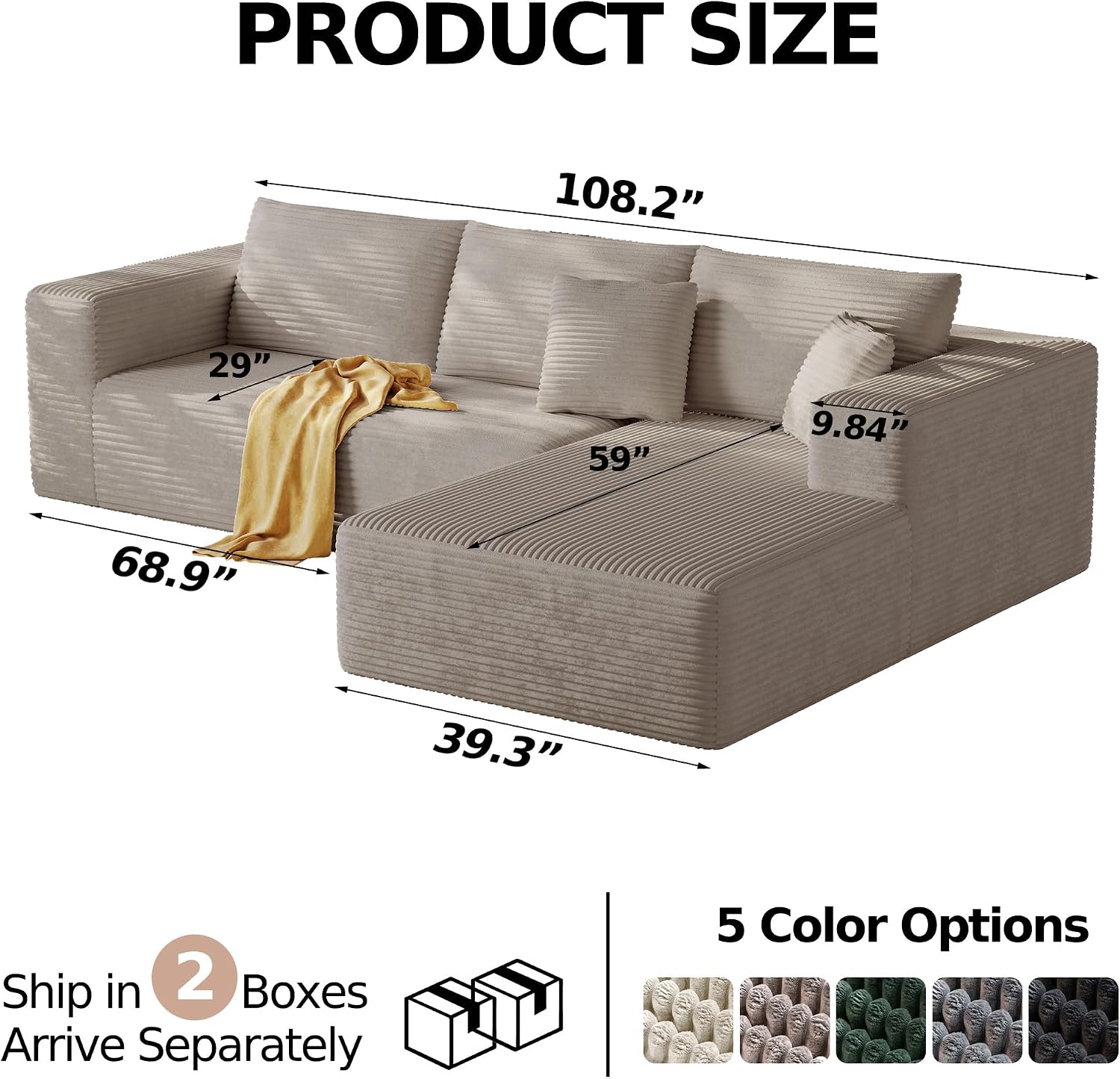 CHORRO108''Sectional Boneless Cloud Sofa,Modern Modular L-Shape Couch for Living Room,Corduroy Convertible Sponge Sleeper Sofas,Upholstered Lougne Chaise Couchs-with Soft Pillow(Camel,Right Chaise)