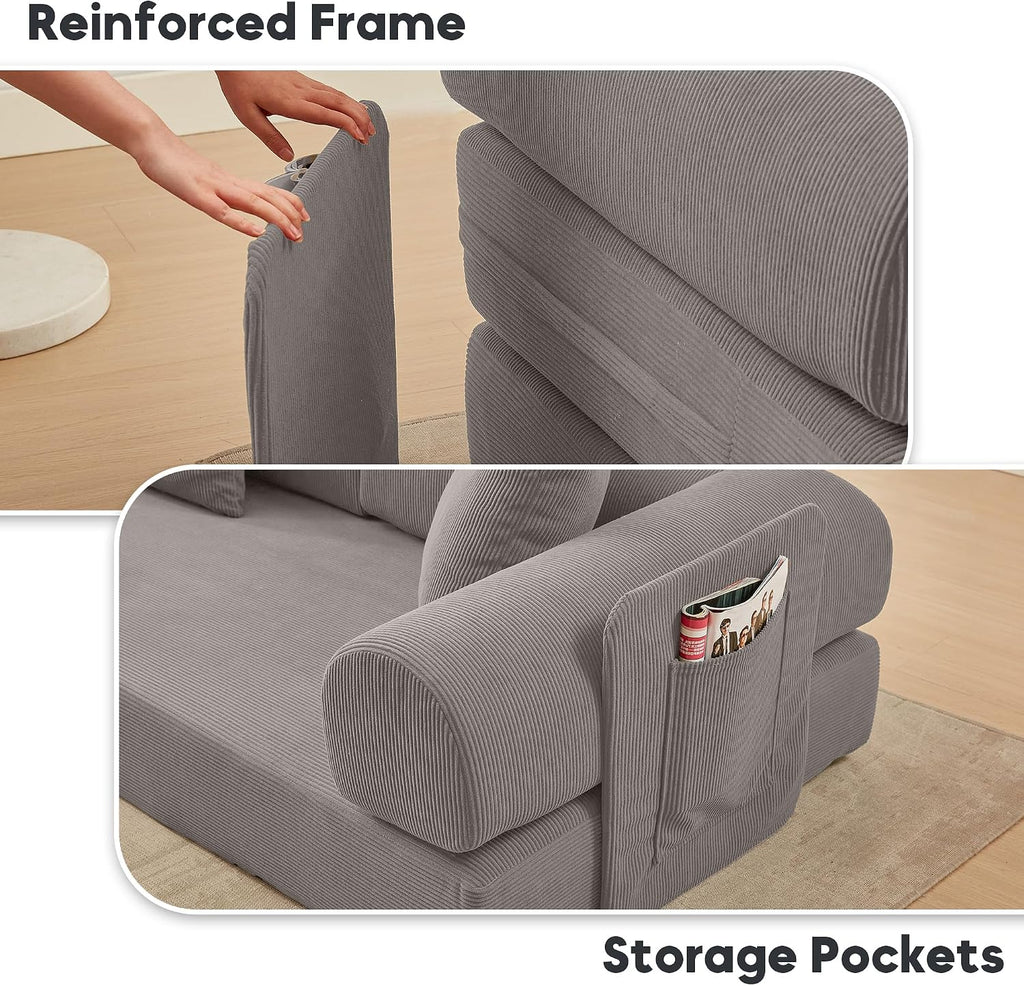 L Shaped Modular Sofa Bed with Cylindrical Pillow & Reversible Chaise, Corduroy Folding Floor Convertible Sofa Couch Bed with Fixed-Shape Frame & Storage Pocket for Living Room, Grey