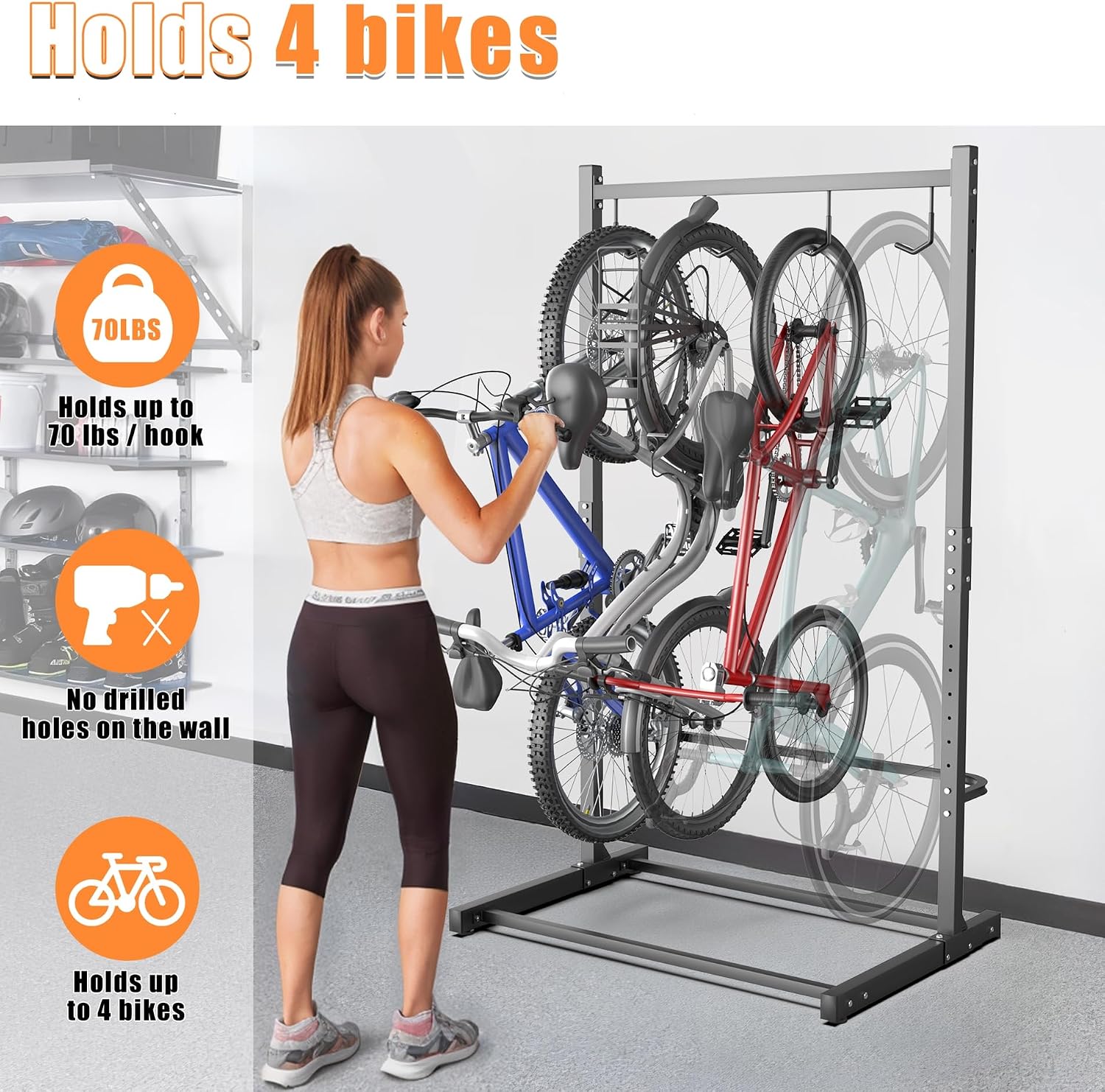 TORACK Garage Freestanding Hanging Bike Stand for Garage, Heavy Duty 4 Bikes Vertical Bike Storage Stand Floor Bike Storage Rack