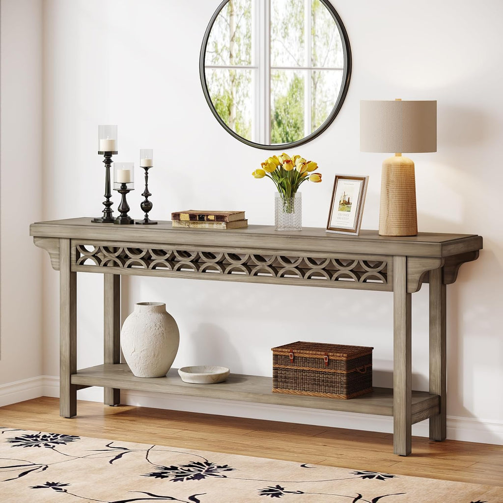 Tribesigns 70.8-Inch Solid Wood Long Console Table, Farmhouse Entryway Table with Storage, Narrow Sofa Table Grey Couch Table for Living Room Entryway Hallway (Gray)