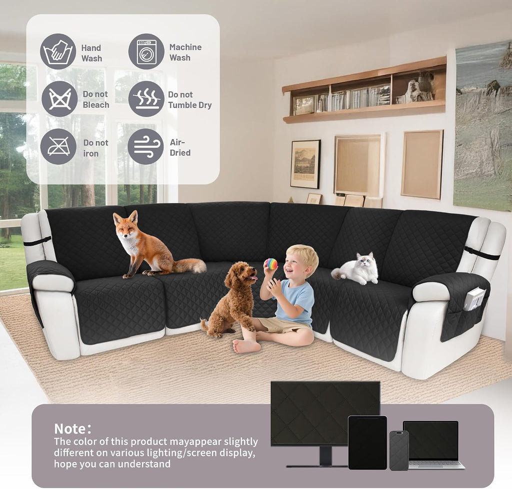 Waterproof Sectional Reclining Couch Covers L Shaped Recliner Sectional Sofa Cover 7 Piece Non Slip Washable Corner Recliner Slipcover Set for Pet Dog (5 Seater Cover, Black)