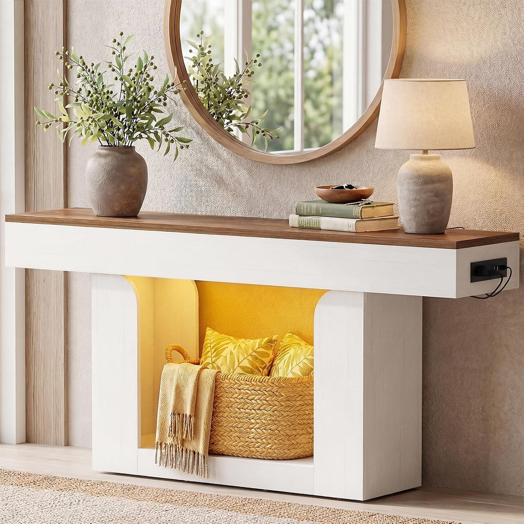 Homieasy Console Table, 63' Entryway Table with LED Lights & Charging Station, Farmhouse Wooden Sofa Table Behind Couch, Narrow Hallway Table for Living Room, Foyer, Entry, Antique White & Brown