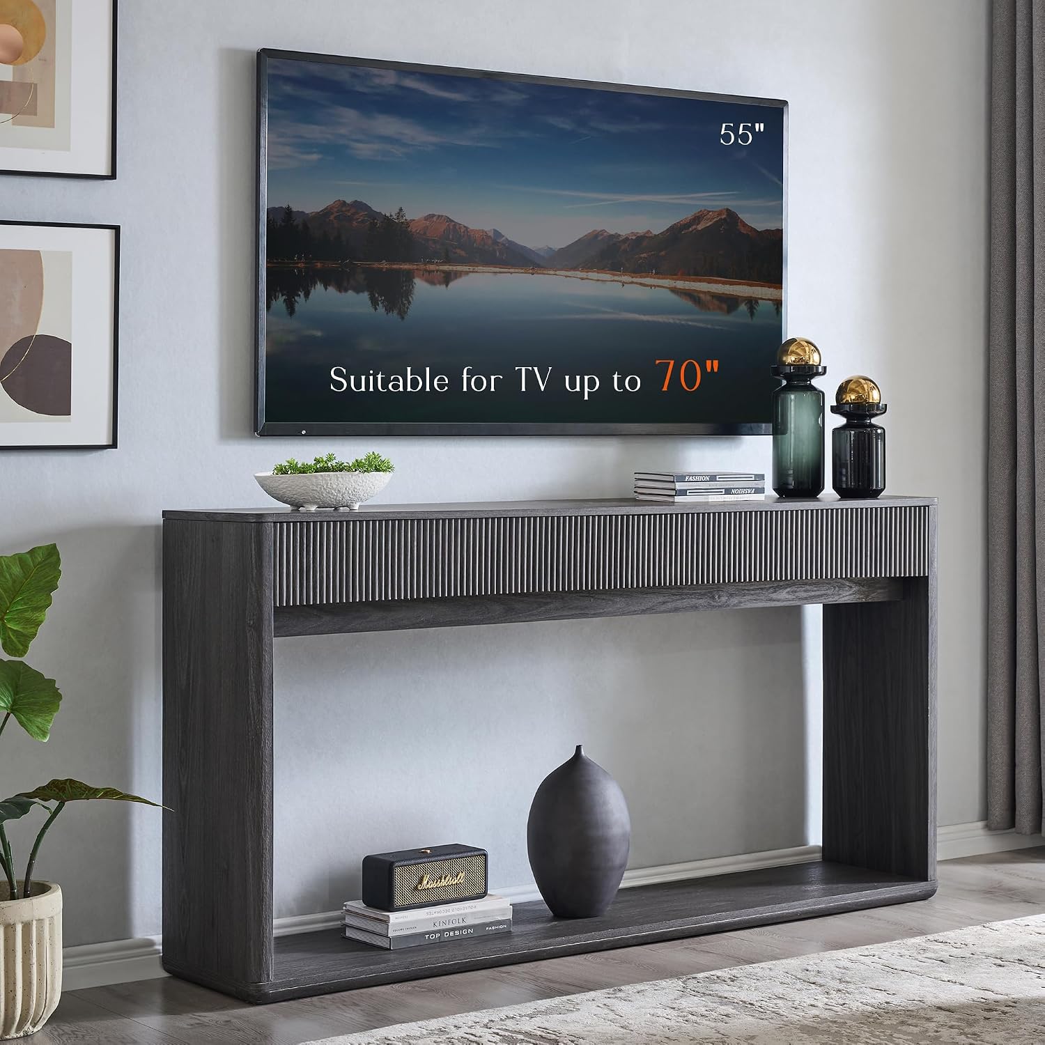 OKD 63' Fluted Console Table for Entryway, Modern Entryway Table with 2 Large Drawers, Long Sofa Table Behind Couch for Living Room, Hallway, Couch, Foyer，Dark Alder