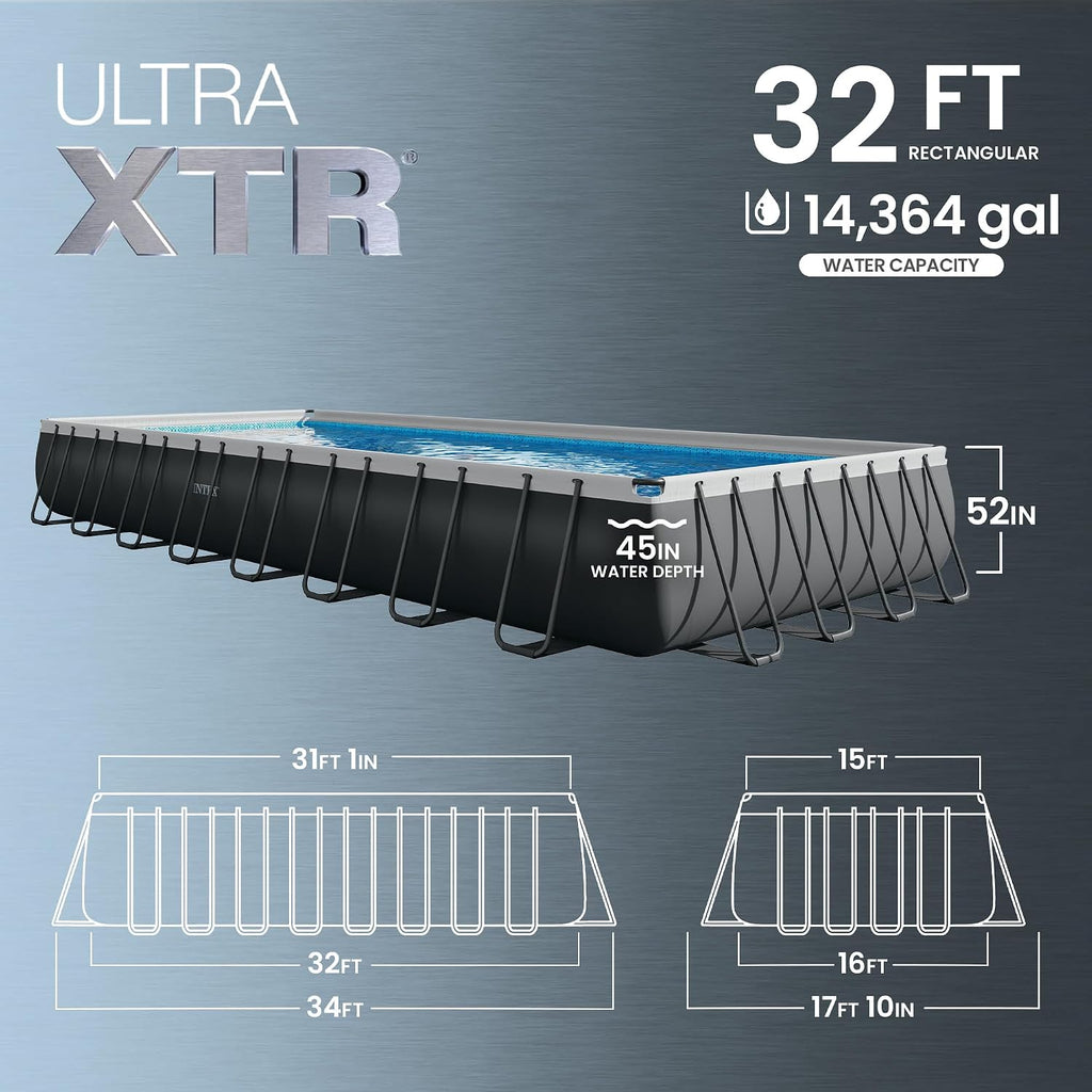 INTEX 26377EH Ultra XTR 32ft x 16ft x 52in Above Ground Swimming Pool Set with Sand Filter Pump, Inflatable Lounge Pool Recliners (2-Pack) and Inflatable Cooler