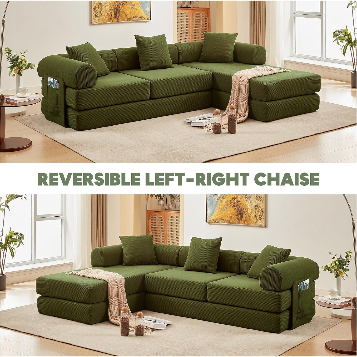 L Shaped Modular Sofa Bed with Cylindrical Pillow & Reversible Chaise, Corduroy Folding Floor Convertible Sofa Couch Bed with Fixed-Shape Frame & Storage Pocket for Living Room, Green
