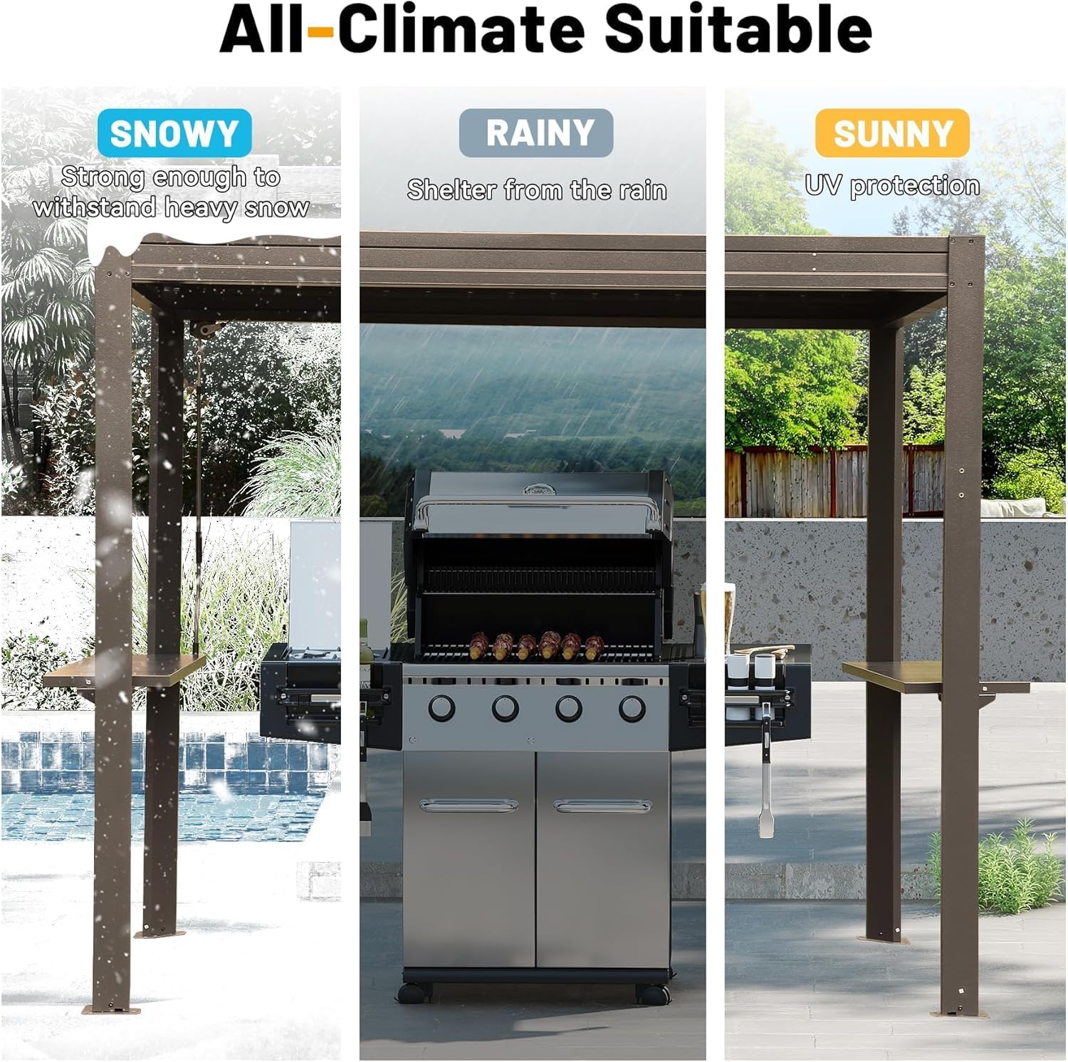 GOWE 8x5 FT Grill Louvered Pergola for Outdoor Grill, Hardtop Grill Pergola with Built-in Gutter & Adjustable Rainproof Roof, Metal Shelter Gazebo for Patio Backyard Deck -Brown