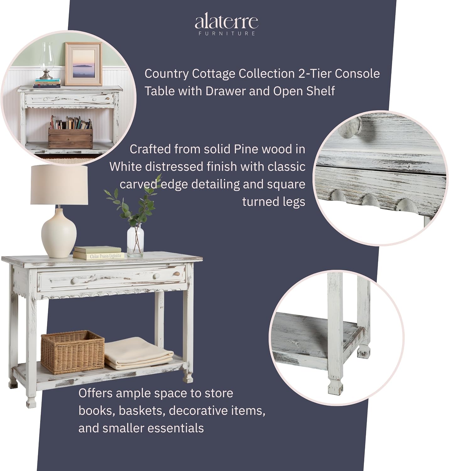 Alaterre Furniture Rustic Country Cottage Console Table with 1 Drawer & 1 Shelf, Distressed Finish - Perfect for Living Room, Entryway, Hallway