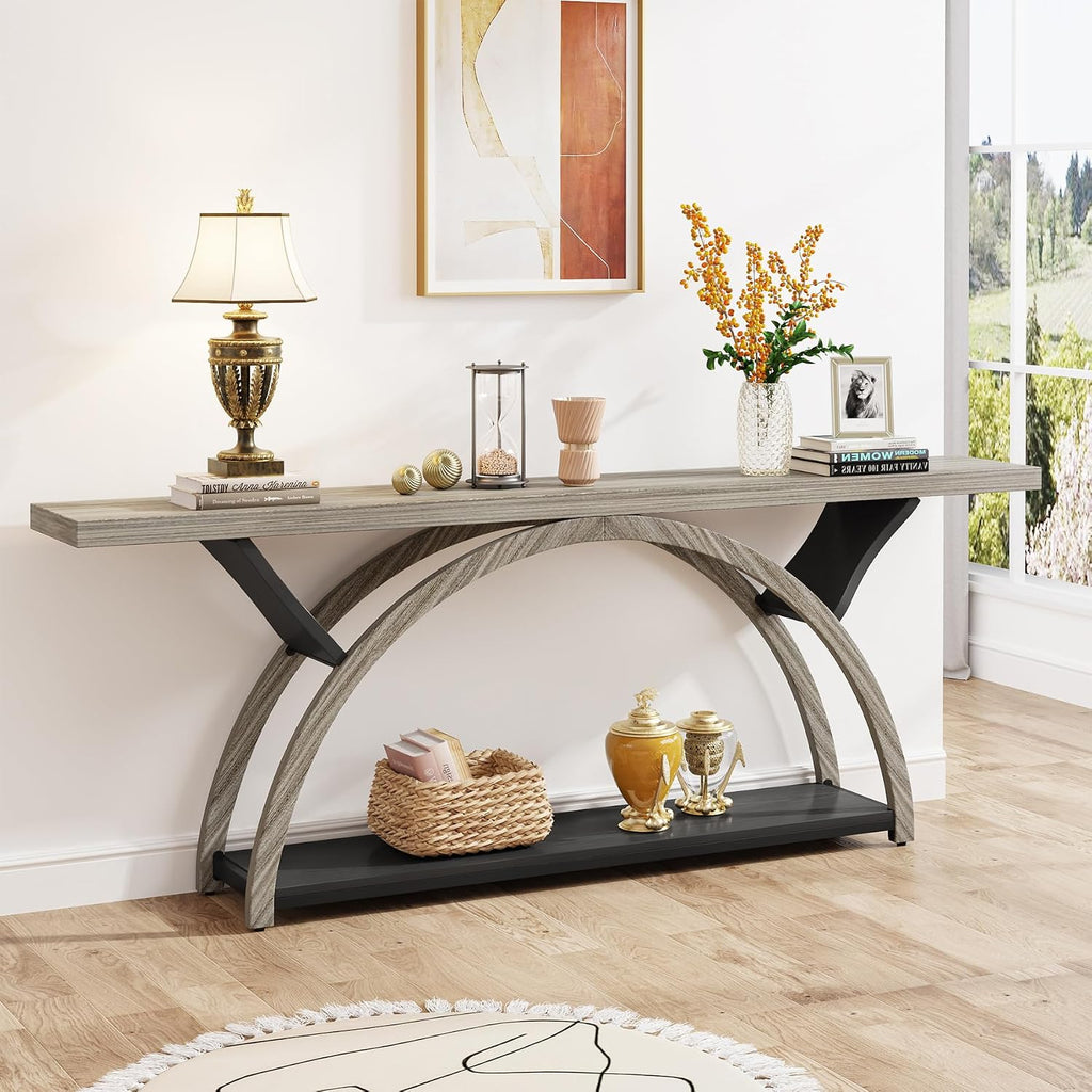 Tribesigns 70.87' Console Table with Storage Shelf, Narrow Long Sofa Table Behind Couch Table, 2-Tier Rustic Entryway Table with Half Moon Frame for Hallway Living Room, Gray & Black (Gray & Black)