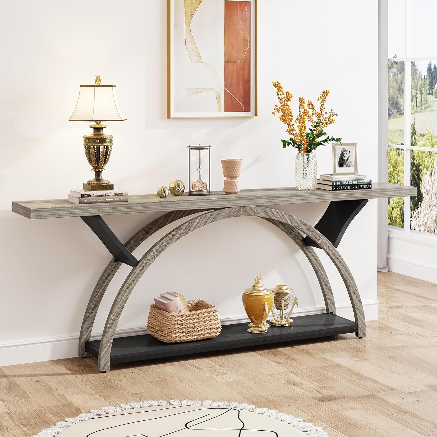 Tribesigns 70.87' Console Table with Storage Shelf, Narrow Long Sofa Table Behind Couch Table, 2-Tier Rustic Entryway Table with Half Moon Frame for Hallway Living Room, Gray & Black (Gray & Black)