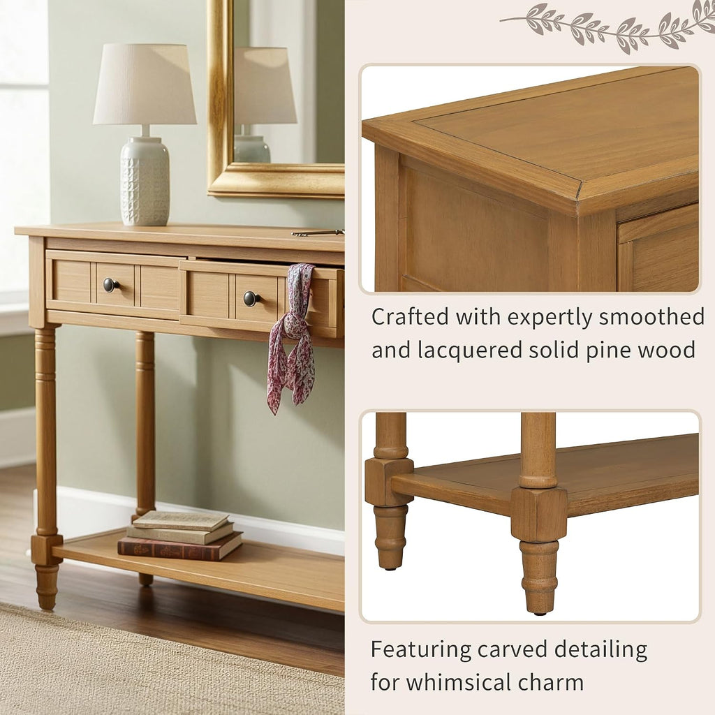 Knocbel Antique Entry Console Table with 2 Drawers & Bottom Open Shelf, Wood Sofa Tables for Entryway Hallway Living Room, 35.34' W x 13.8' D x 30.25' H, Natural