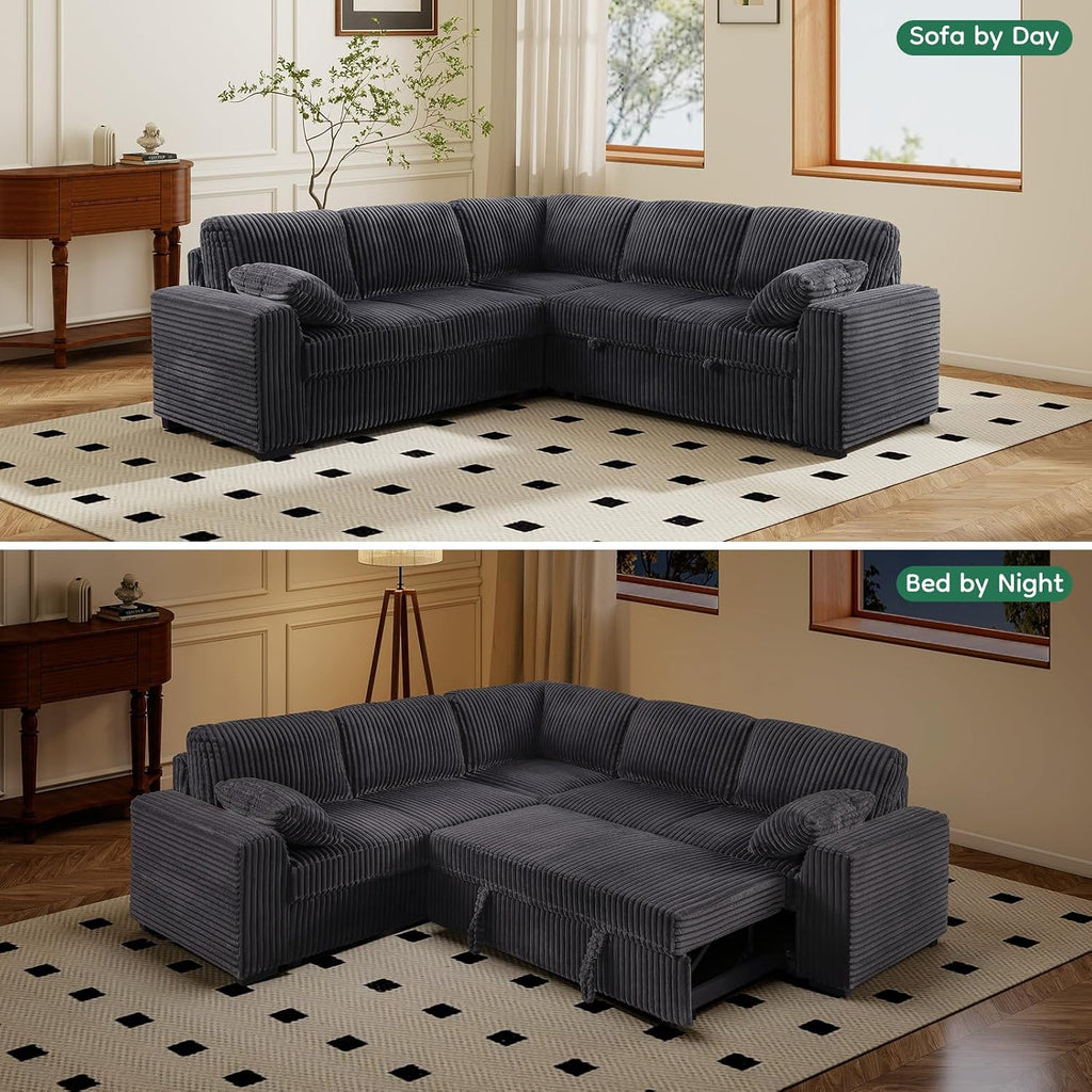 Yafylly 91' L-Shaped Sectional Sofa Bed with Recliner, Pull-Out Sleeper & Chaise Lounge, Convertible Corduroy Sofa for Apartment Living Room, Bedroom Dark Grey