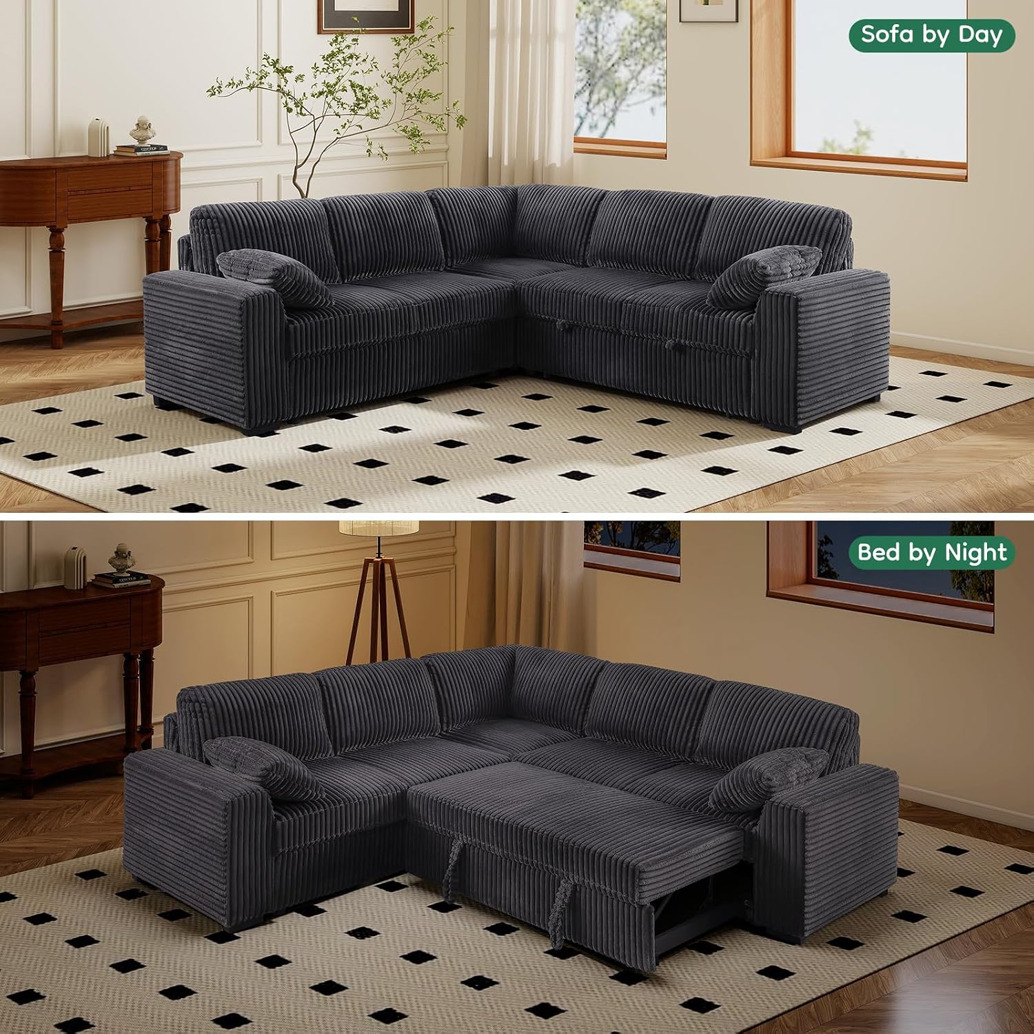 Yafylly 91' L-Shaped Sectional Sofa Bed with Recliner, Pull-Out Sleeper & Chaise Lounge, Convertible Corduroy Sofa for Apartment Living Room, Bedroom Dark Grey