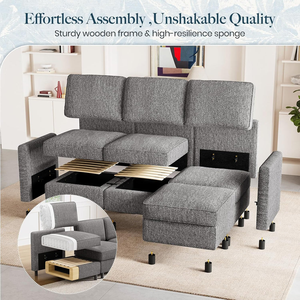 Belffin 58.3' Modular Sectional Sofa 4 Seats Sleeper Sofa Washable Sectional Couches for Living Room Comfy Couches with Storage Seat Couch Sofas with Chaise,Grey