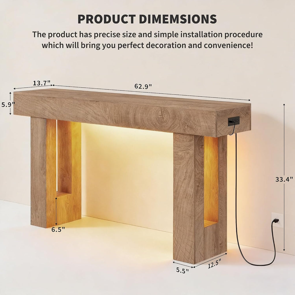 63' Long Console Table with Power Outlet LED Lights, Modern Entryway Table with Human Sensor Light, Large Industrial Hallway Accent Furniture for Living Room, Entryway, Hallway