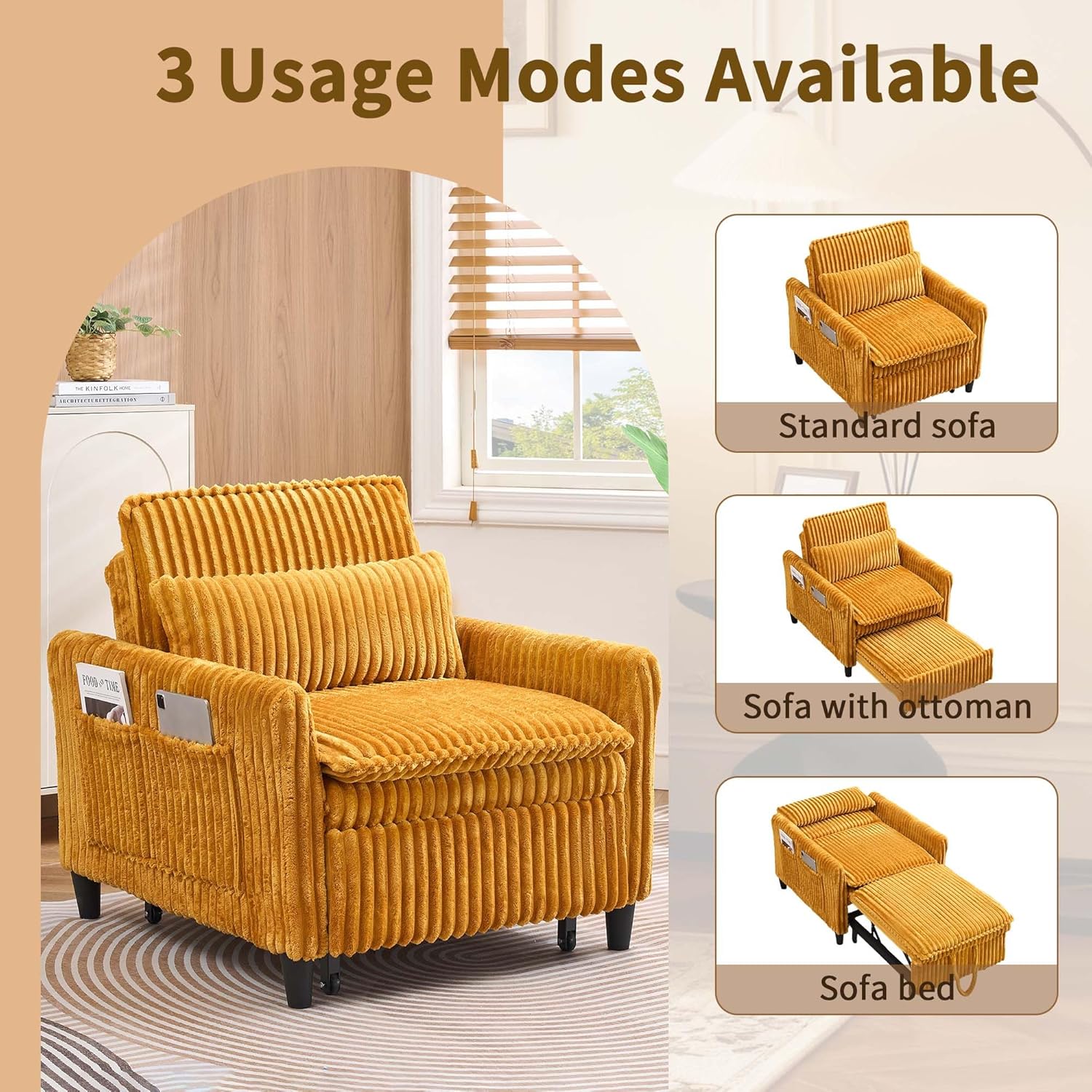 Majnesvon Modern Corduroy Fabric Sofa Bed Futon, 3 in 1 Convertible Pullout Bed Sleeper Couches with 3 Reclining Backrests, Small Sofa Chair Bed for Living Room Bedroom (Yellow)