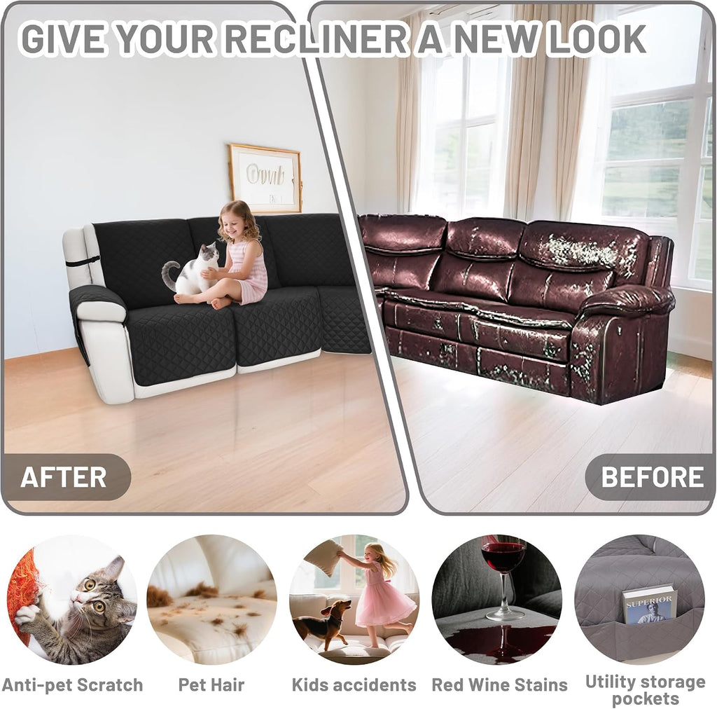 Waterproof Sectional Reclining Couch Covers L Shaped Recliner Sectional Sofa Cover 7 Piece Non Slip Washable Corner Recliner Slipcover Set for Pet Dog (5 Seater Cover, Black)